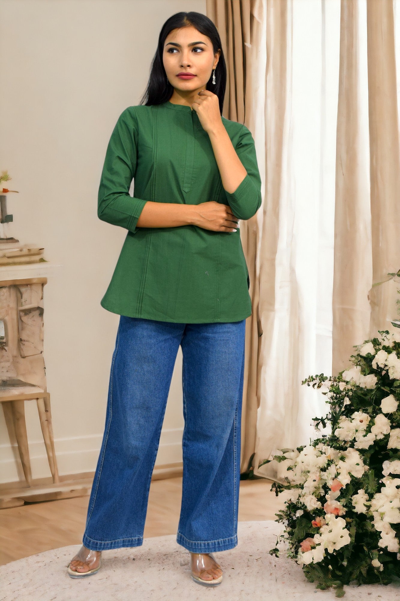 Pintex Green plain short kurta