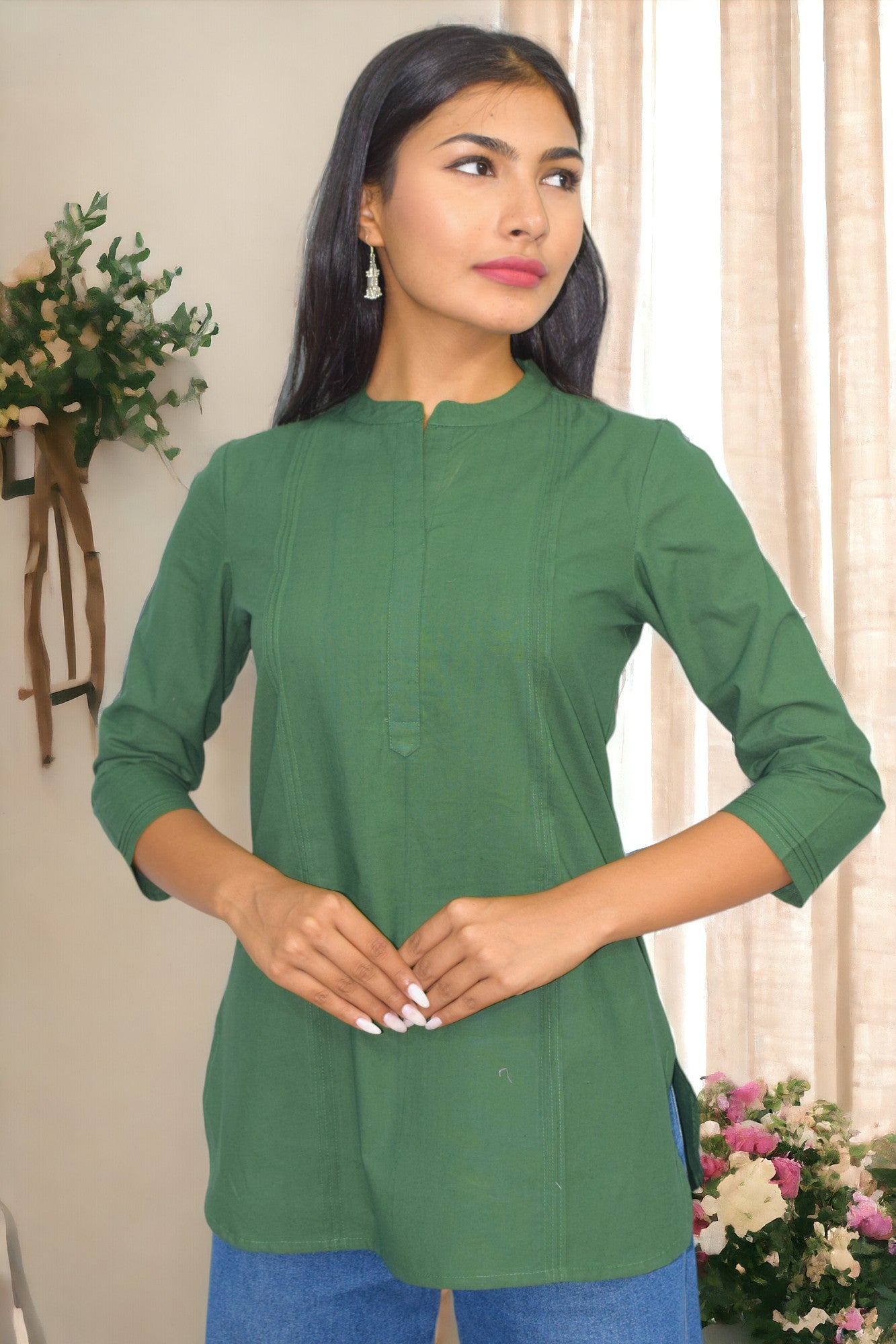 Pintex Green plain short kurta