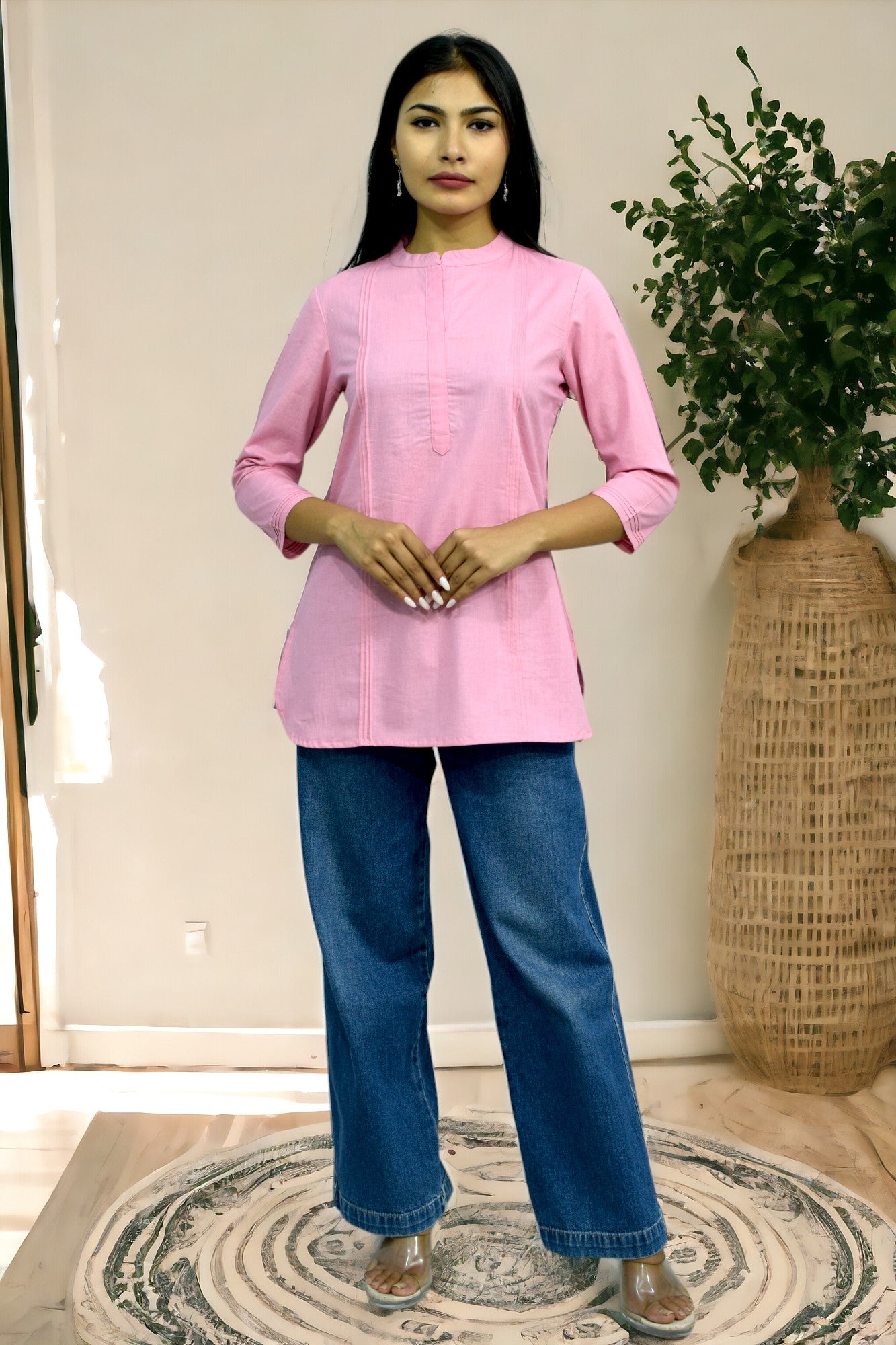 Pintex Pink plain short kurta