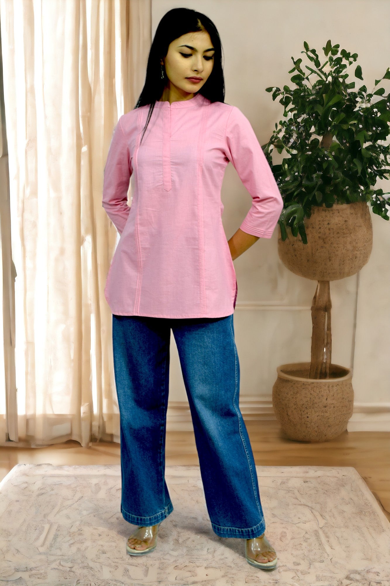 Pintex Pink plain short kurta