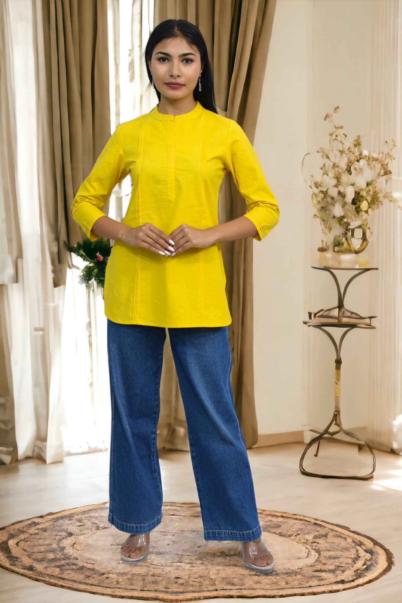Pintex Yellow plain short kurta