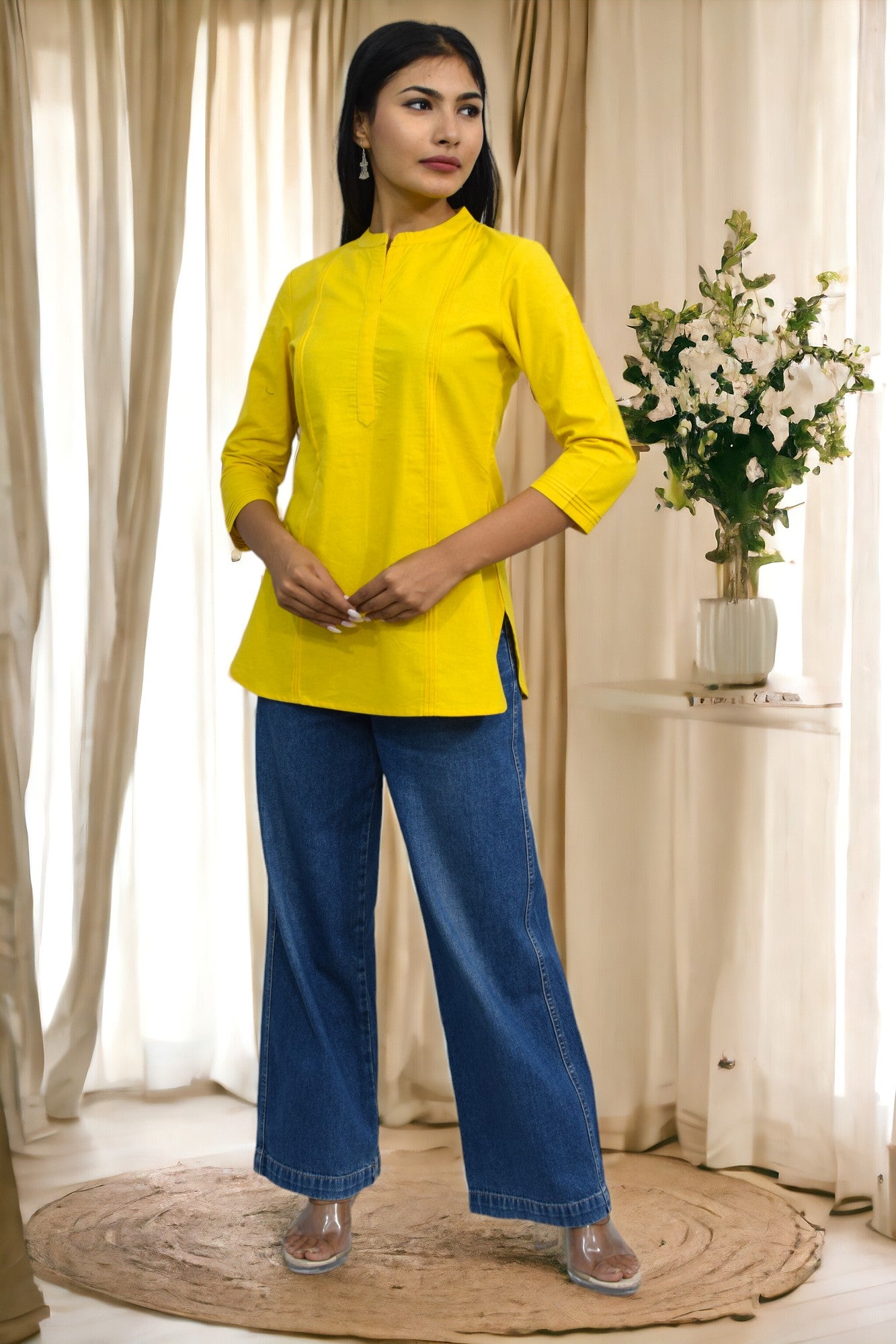 Pintex Yellow plain short kurta