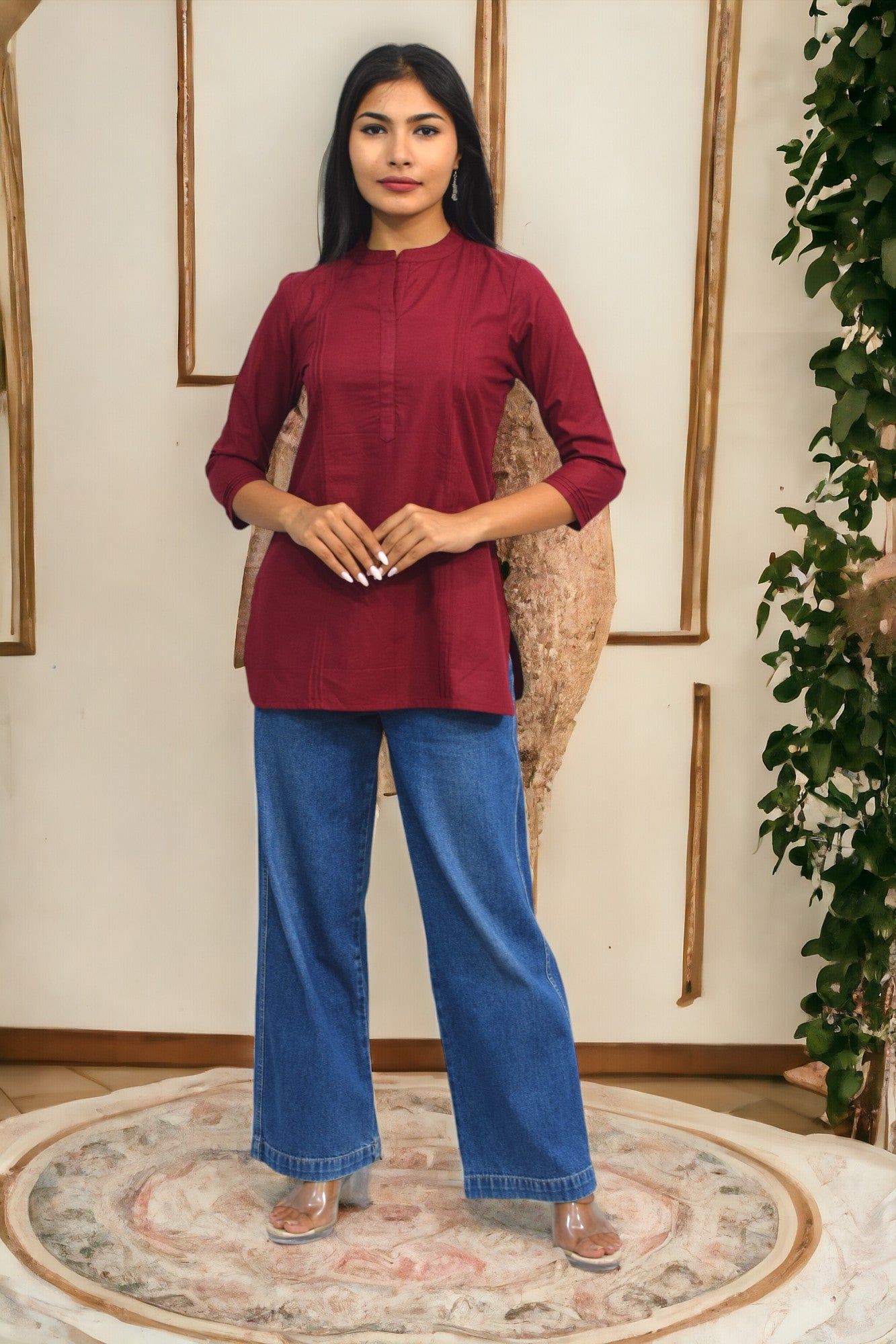 Pintex Maroon plain short kurta