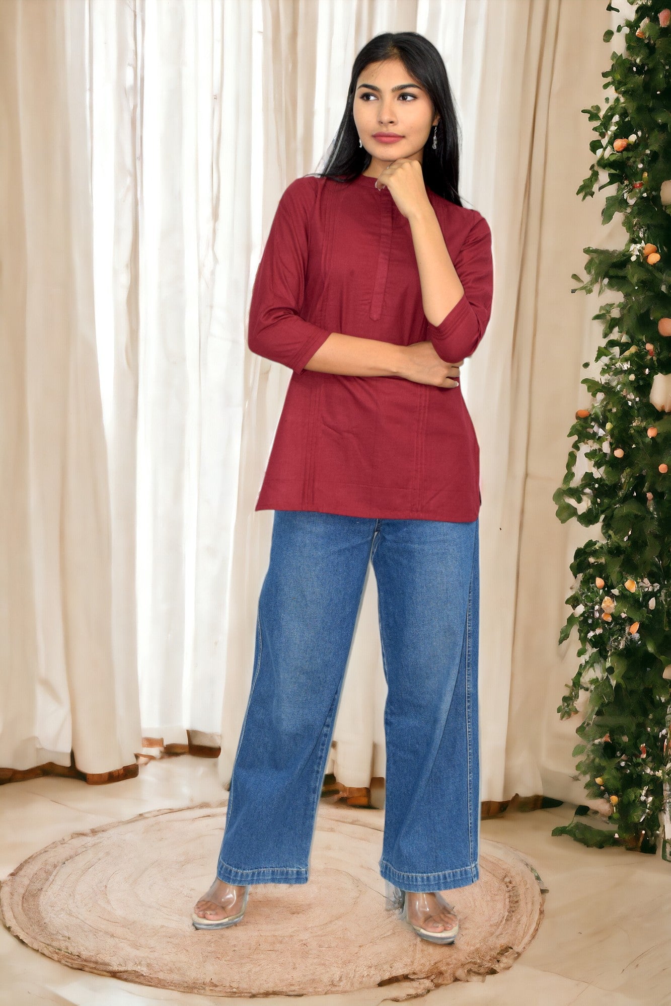 Pintex Maroon plain short kurta