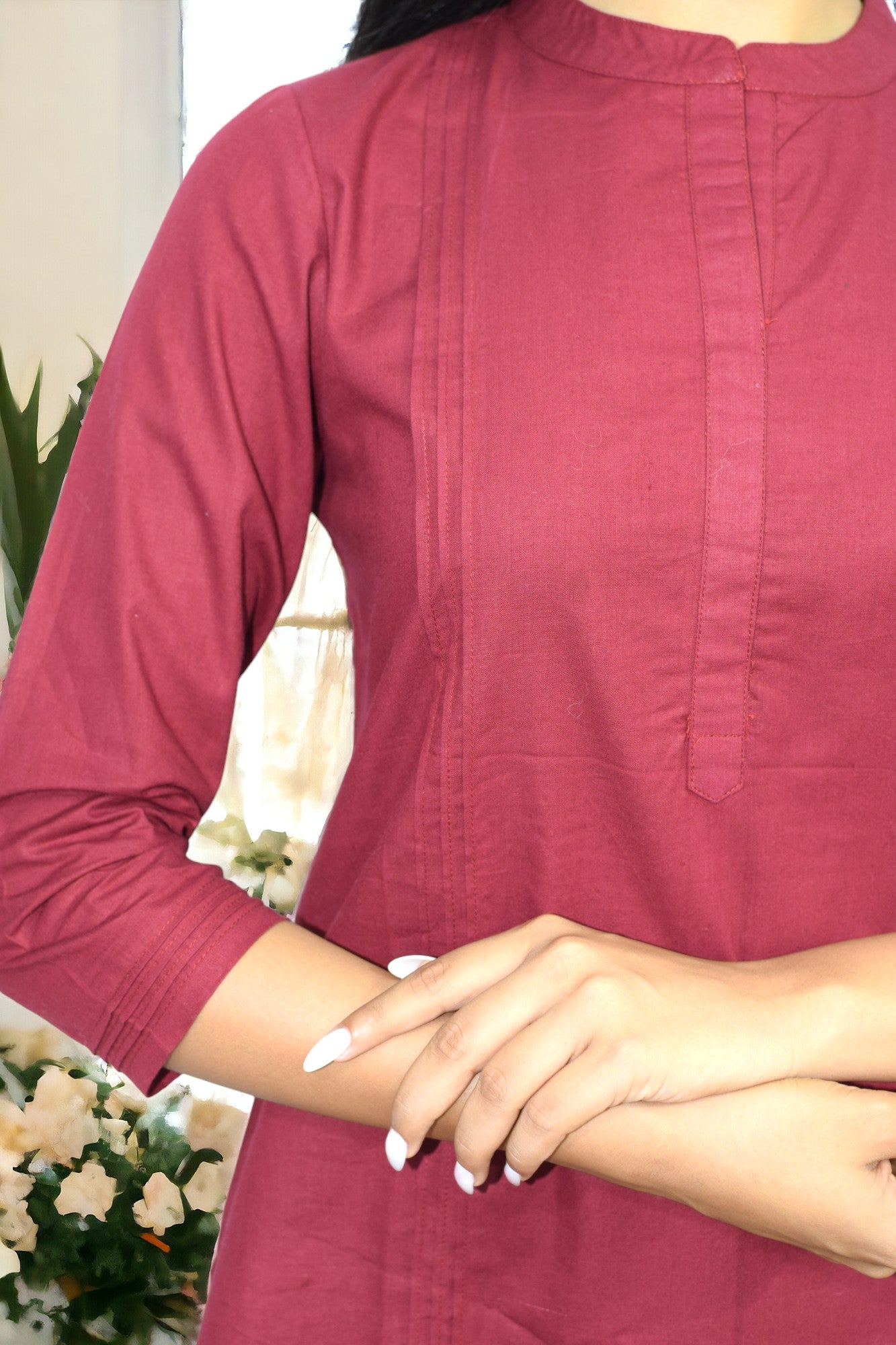 Pintex Maroon plain short kurta