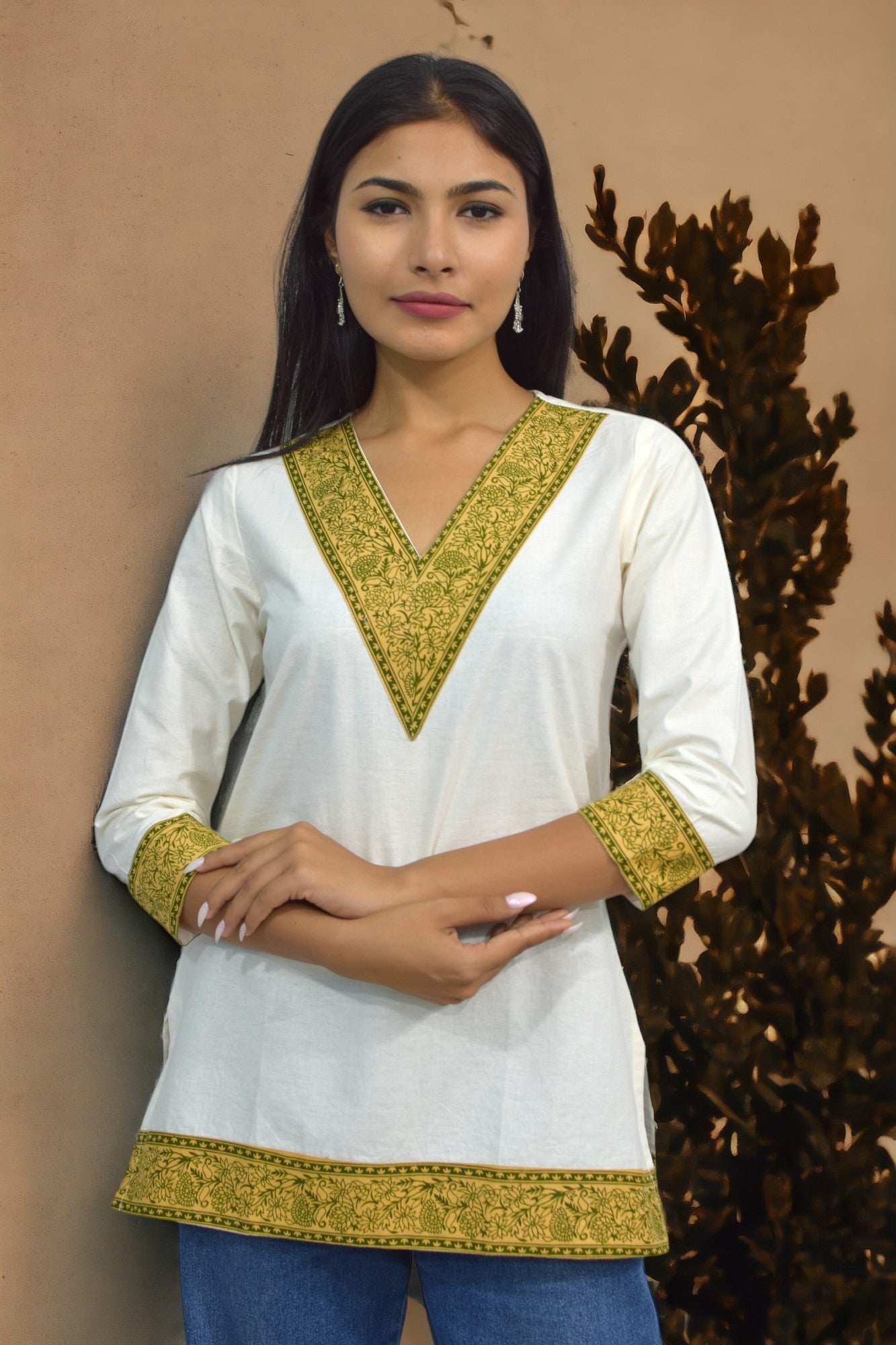 Green Block Print Cotton Short Kurti main image 0