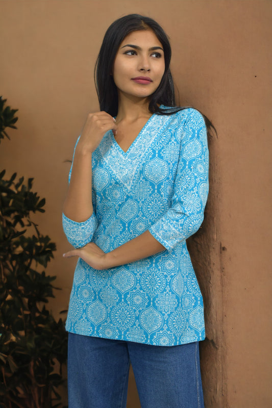 V-neck mughal blue short Kurti