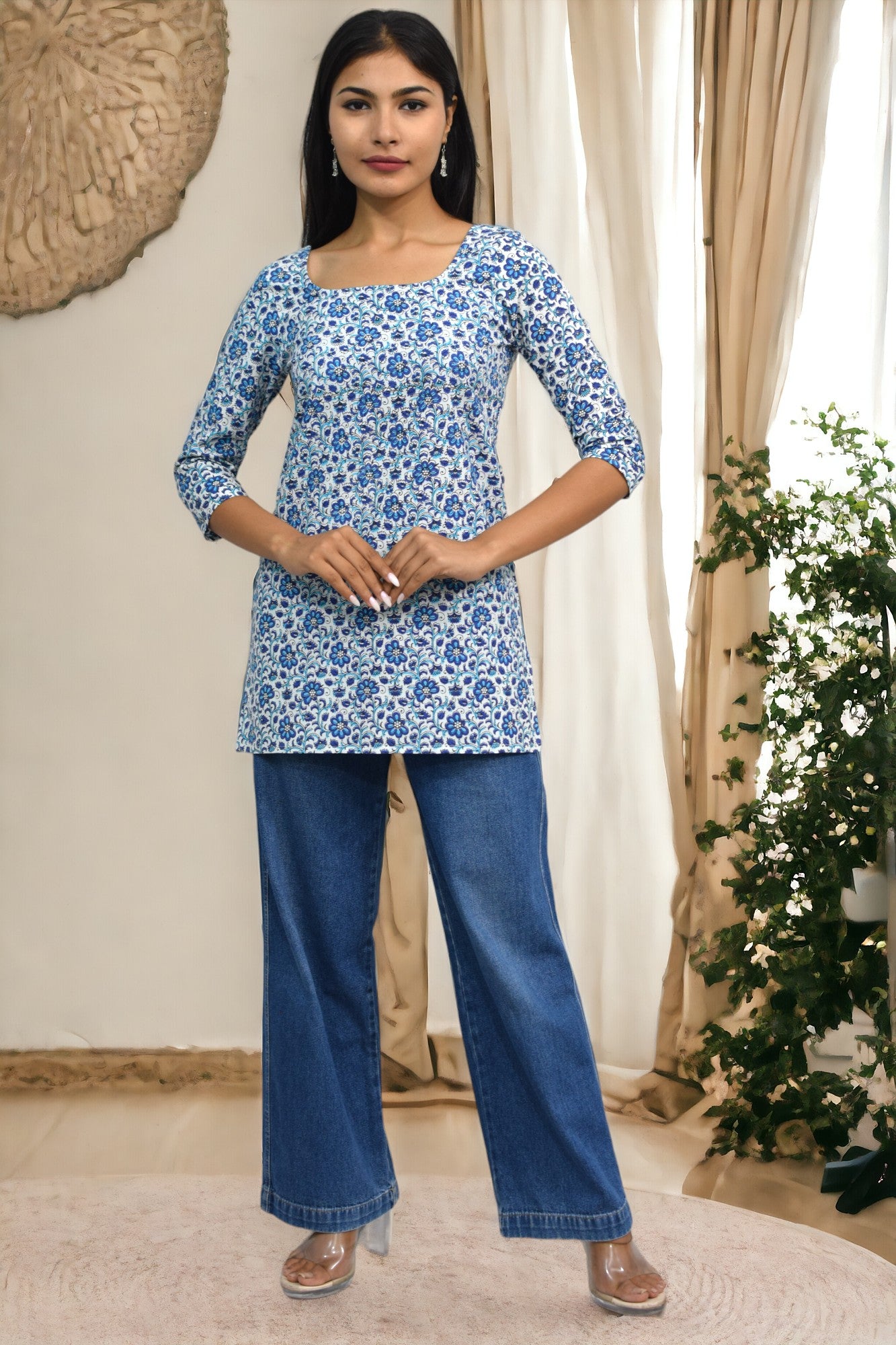 Blue Booti Cotton Sleeves Broad Neck Kurti