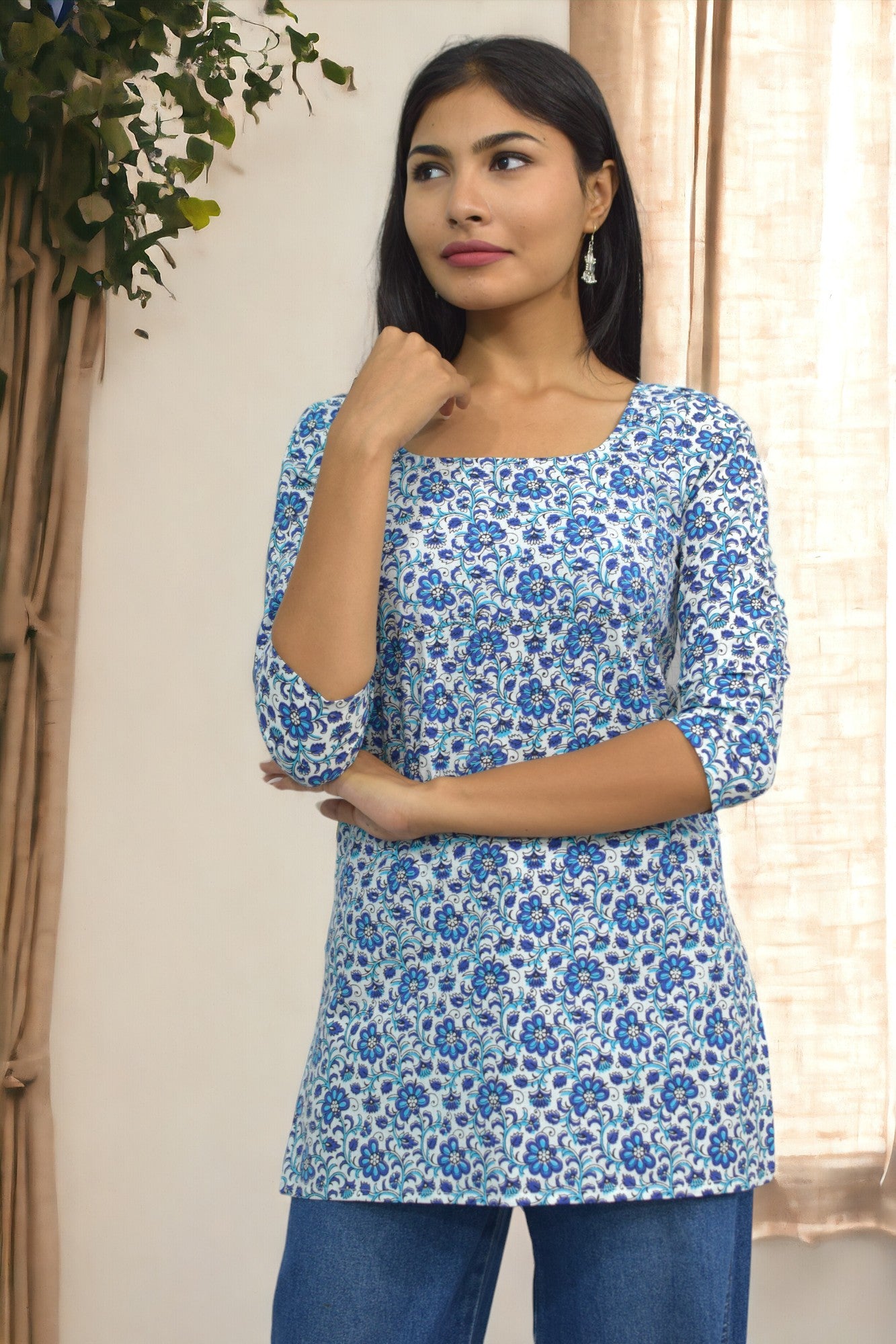 Blue Booti Cotton Sleeves Broad Neck Kurti