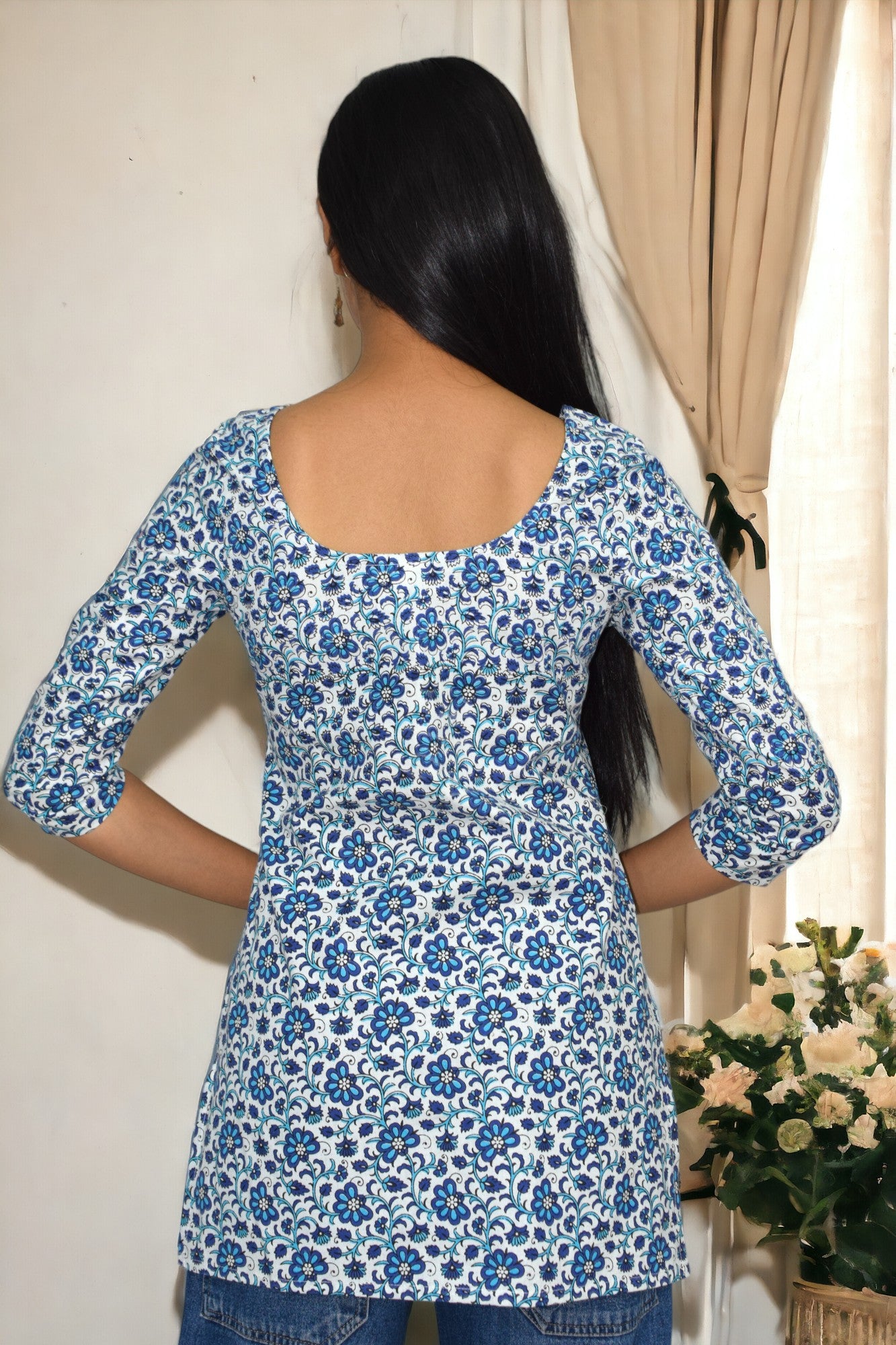 Blue Booti Cotton Sleeves Broad Neck Kurti