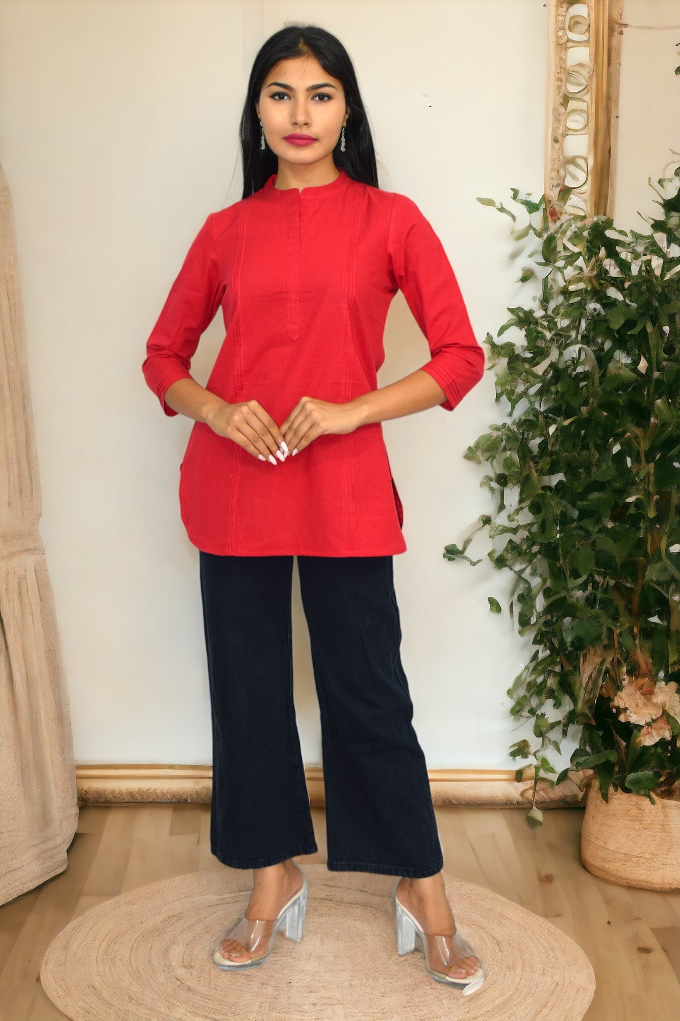 Pintex Red plain short kurta