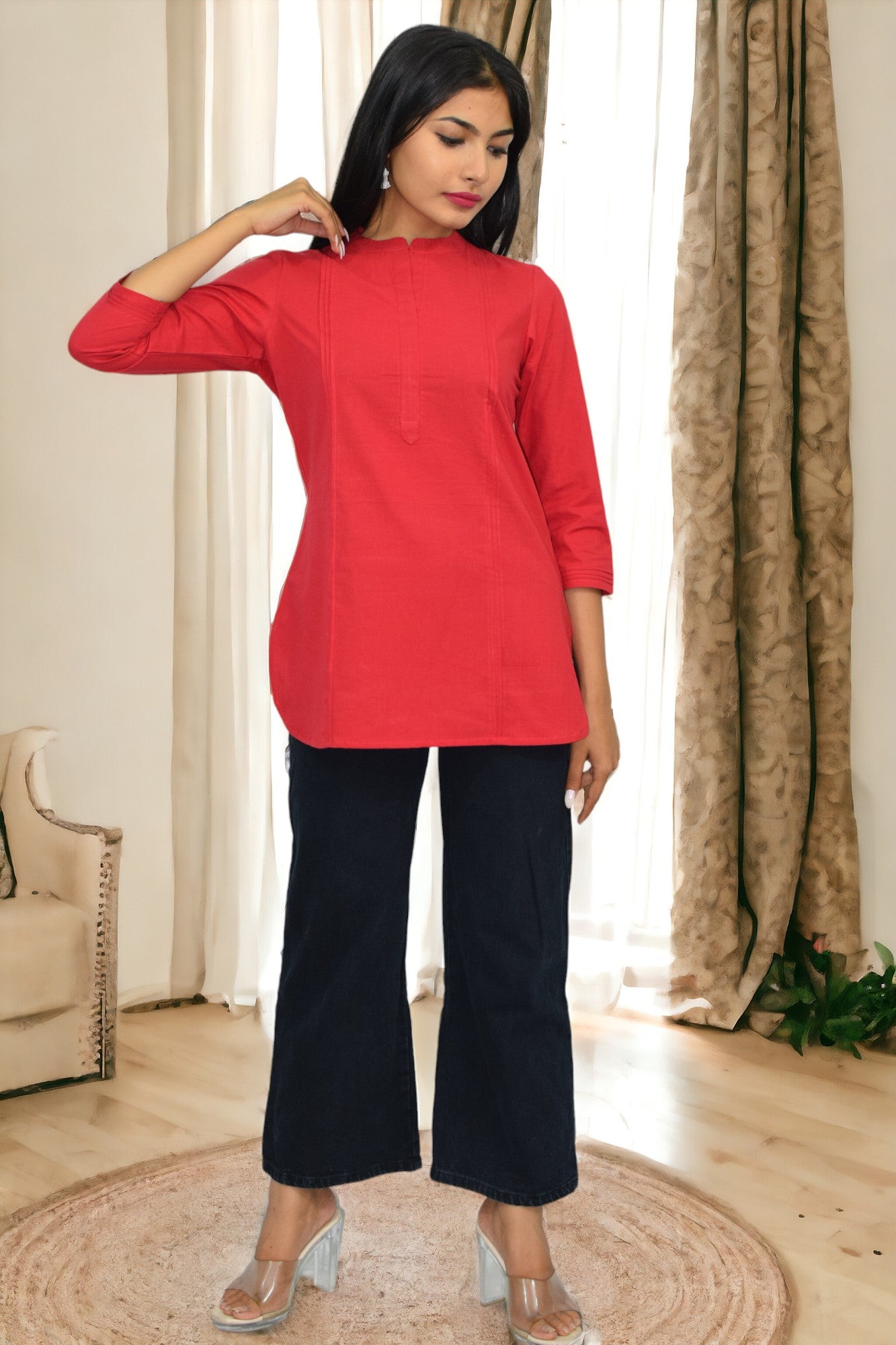 Pintex Red plain short kurta