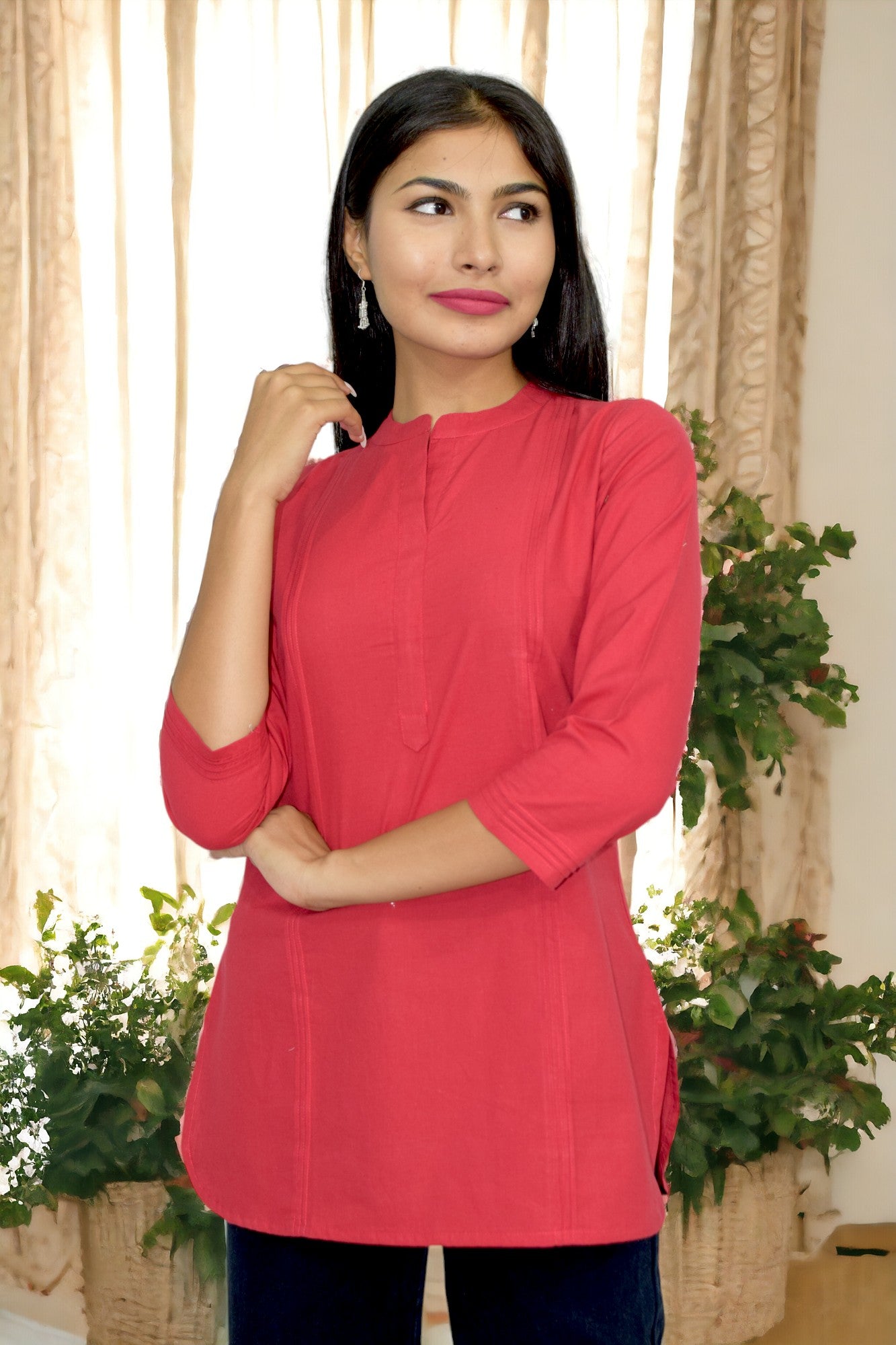 Pintex Red plain short kurta