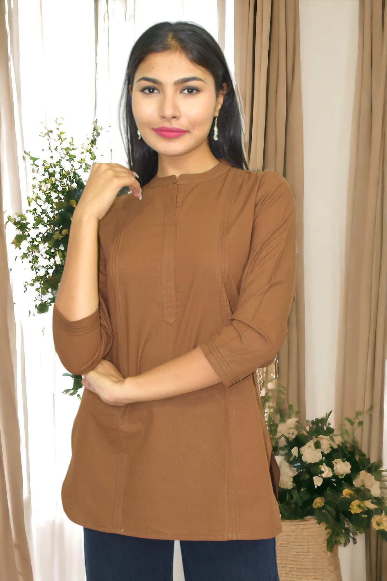Pintex Brown plain short kurta
