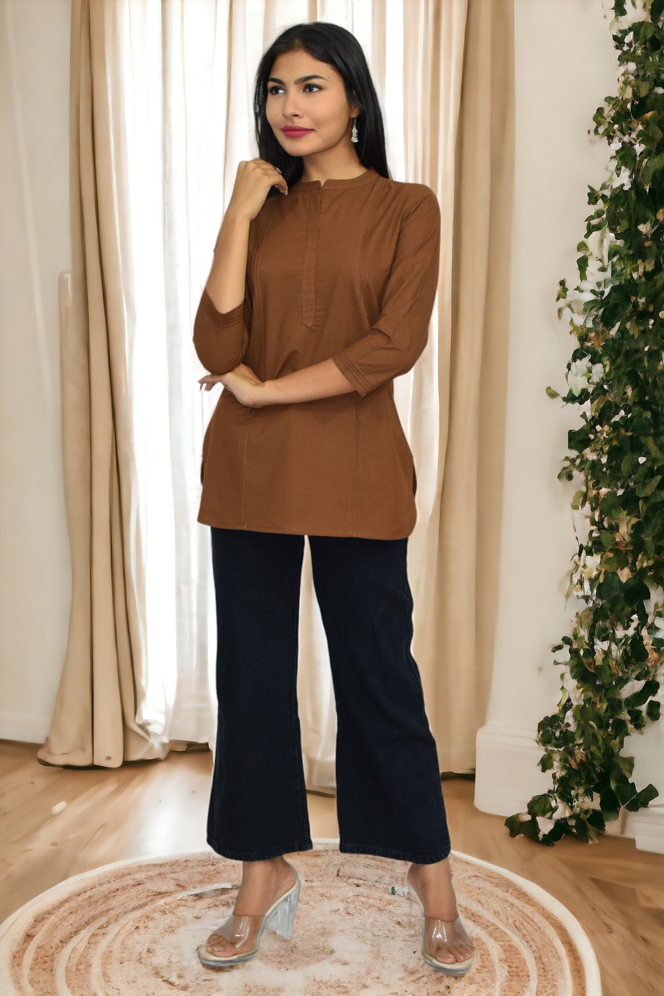 Pintex Brown plain short kurta