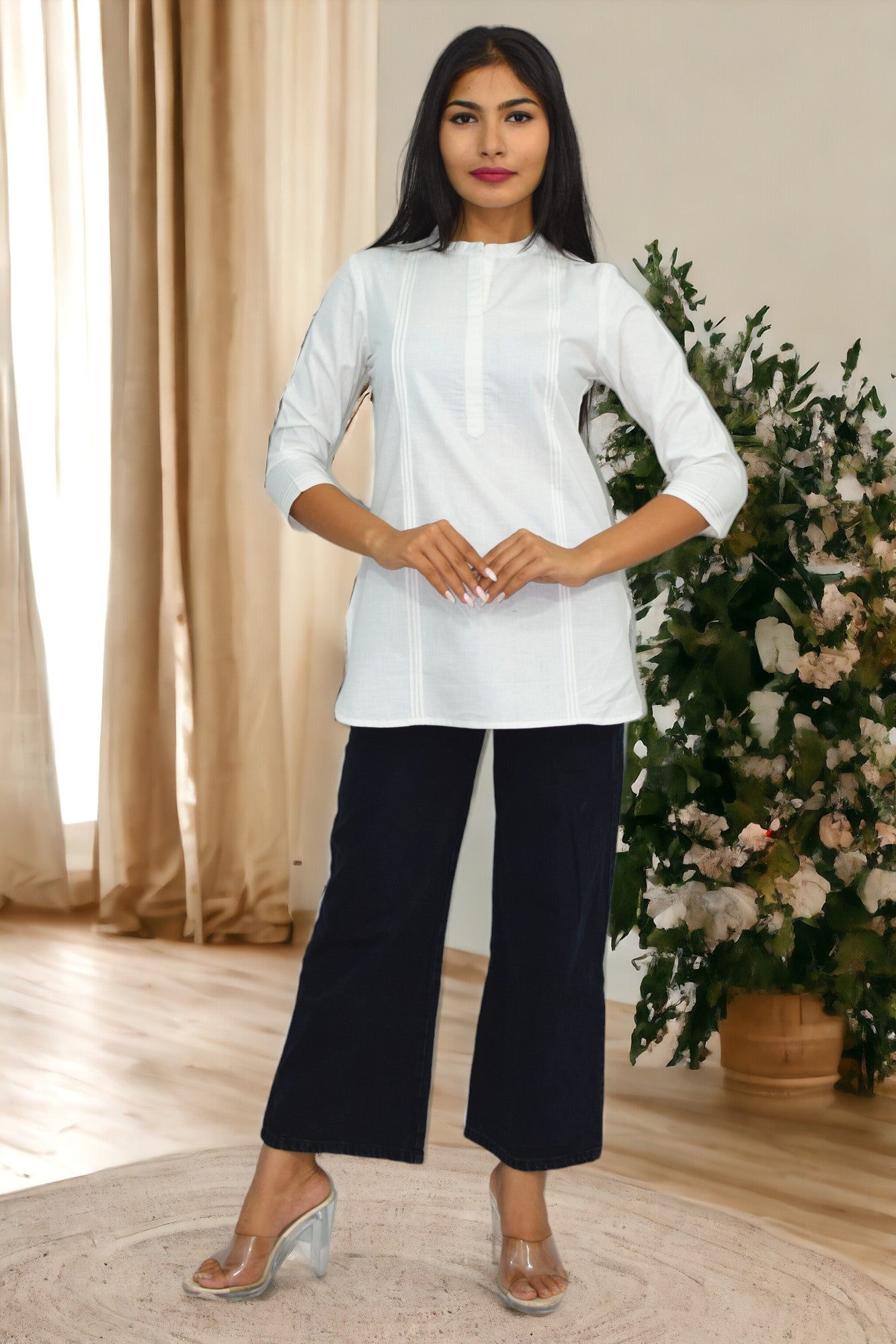 Pintex White plain short kurta
