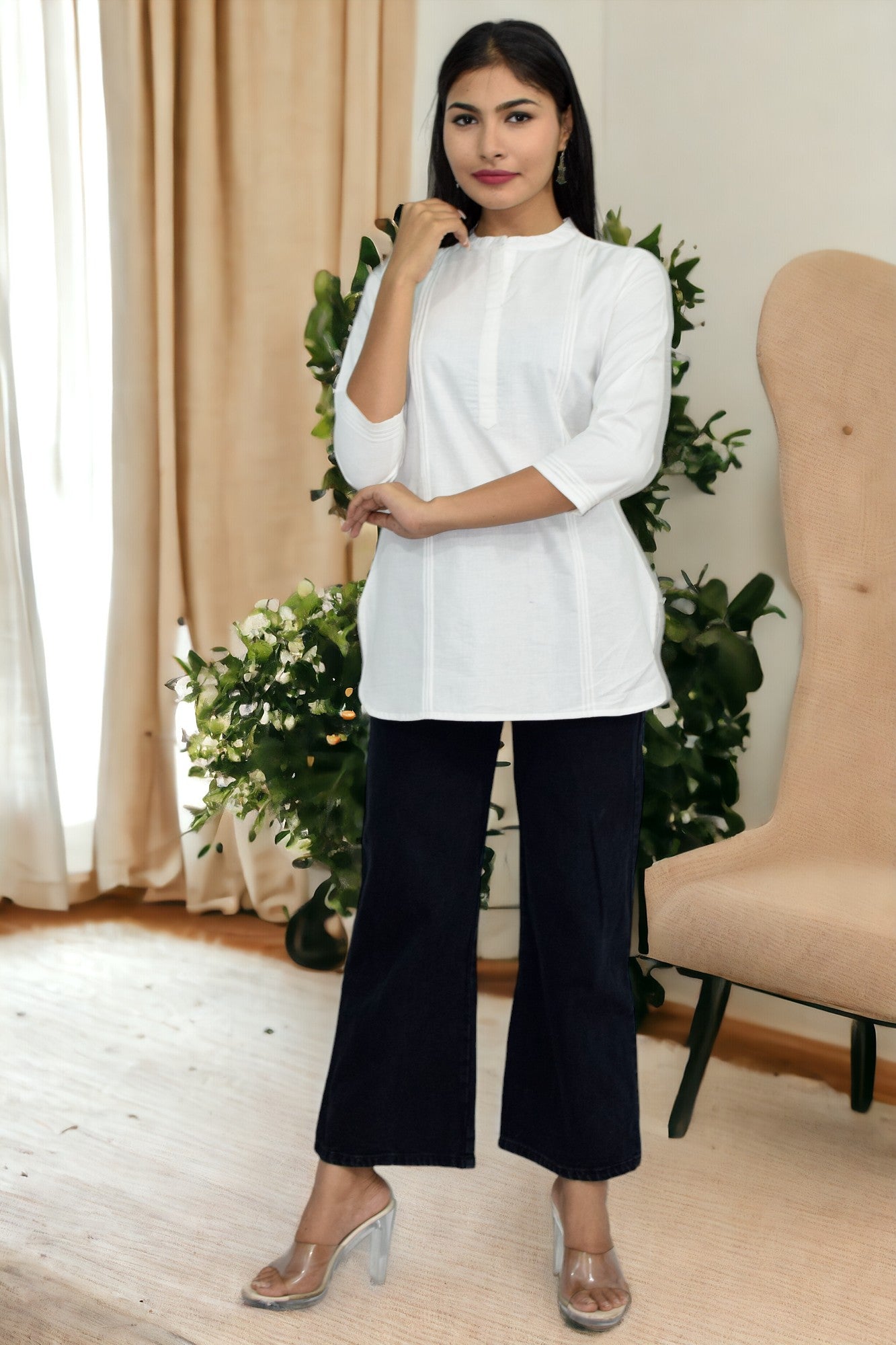 Pintex White plain short kurta