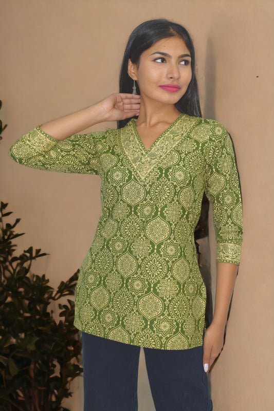 V-neck mughal green short Kurti