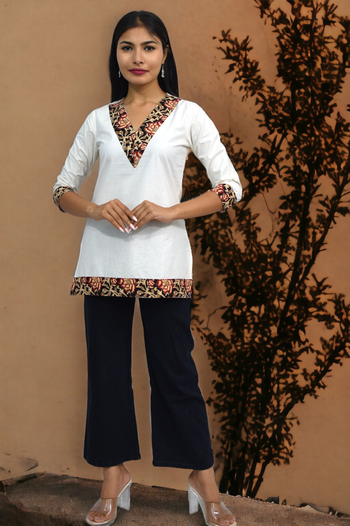 V-neck kalamkari short Kurti