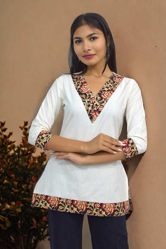 V-neck kalamkari short Kurti