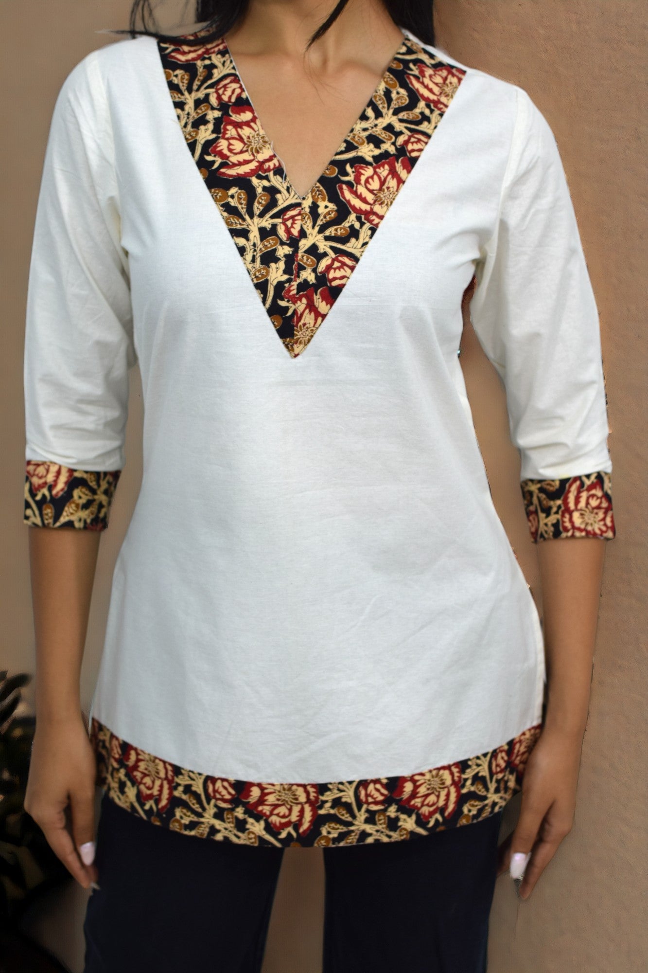 V-neck kalamkari short Kurti