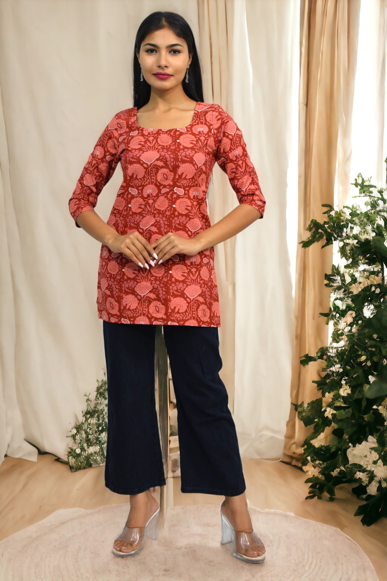 Maroon Cotton Sleeves Broad Neck Kurti