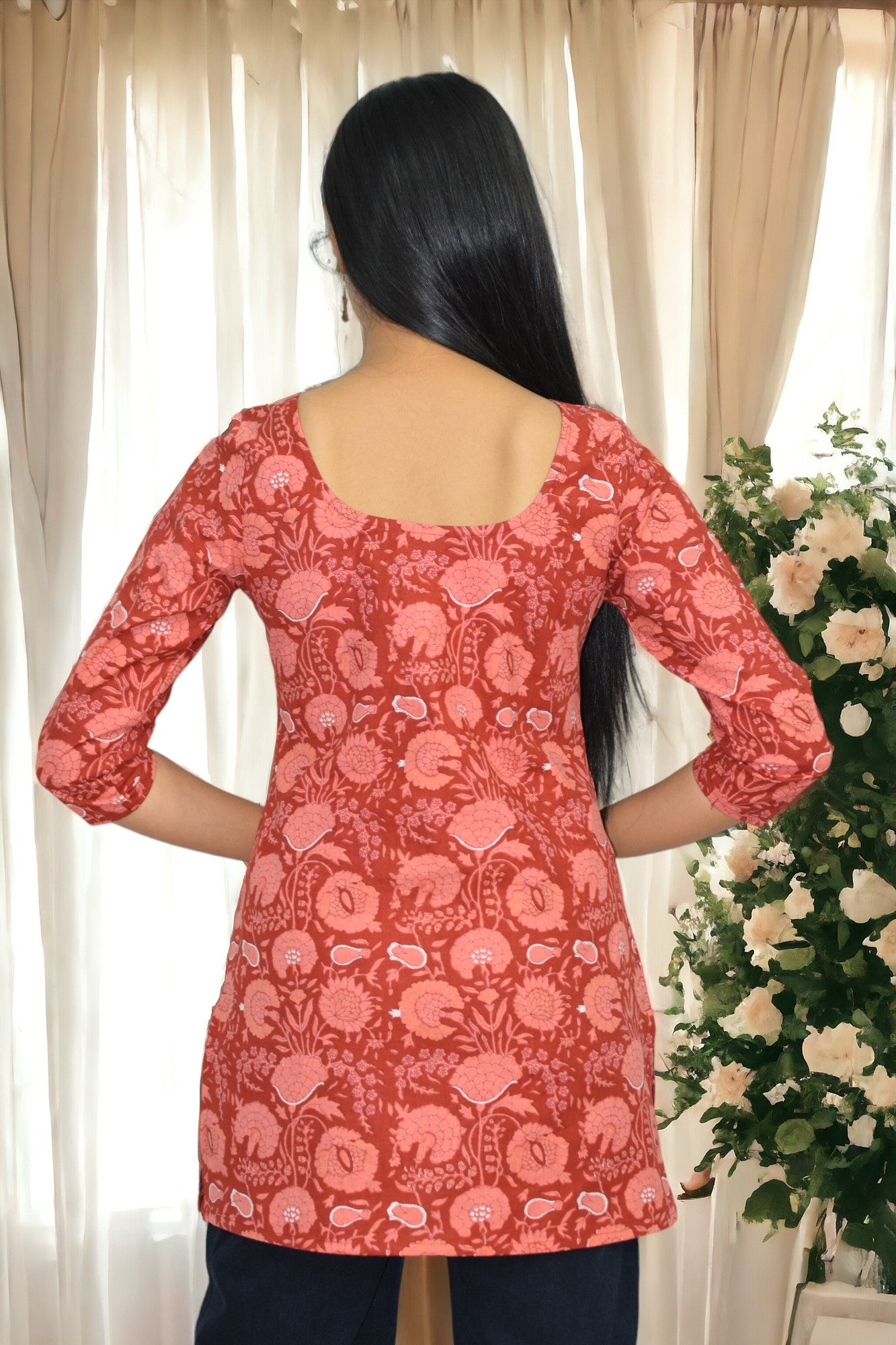 Maroon Cotton Sleeves Broad Neck Kurti