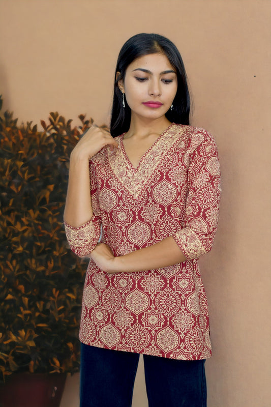 V-neck mughal red short Kurti