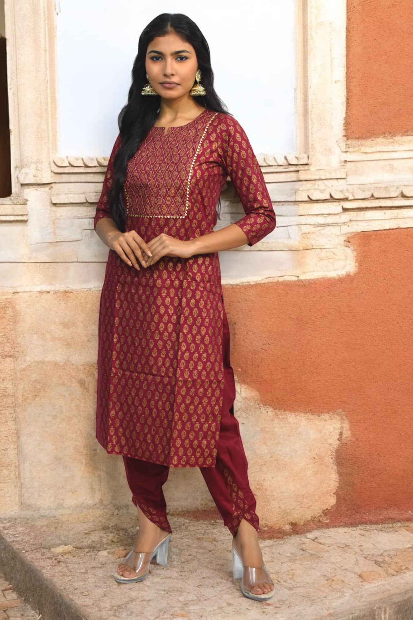 Maroon golden dhoti coord set