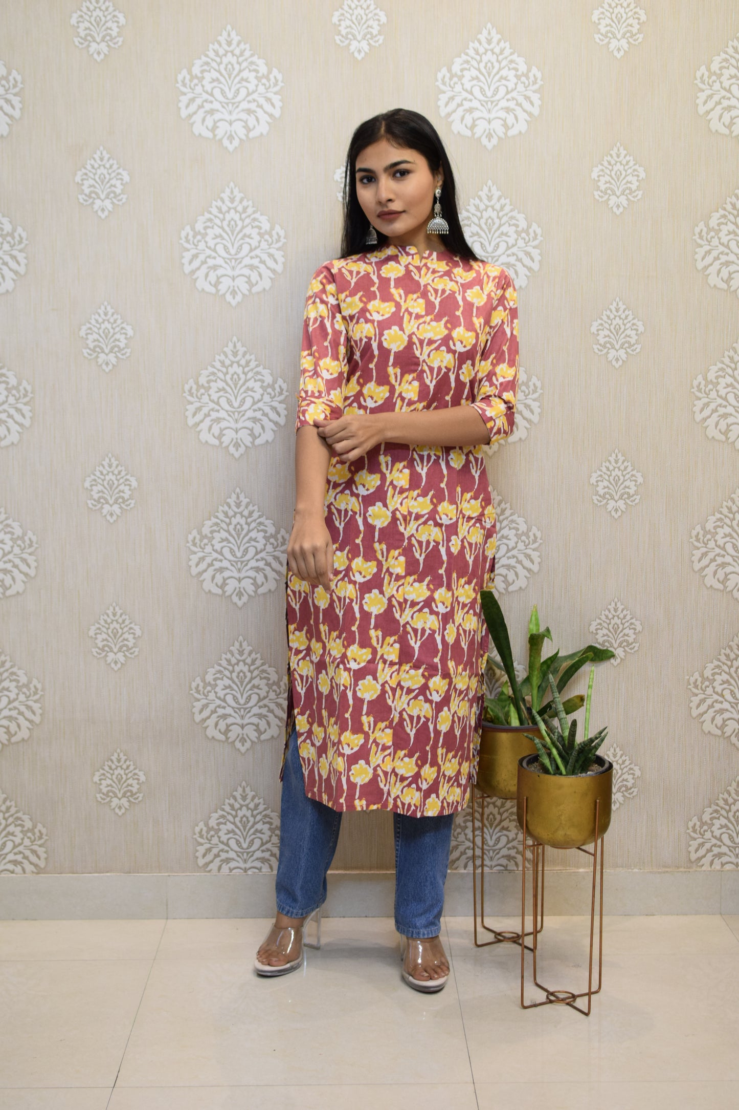 Red matka collared Printed Cotton Kurta