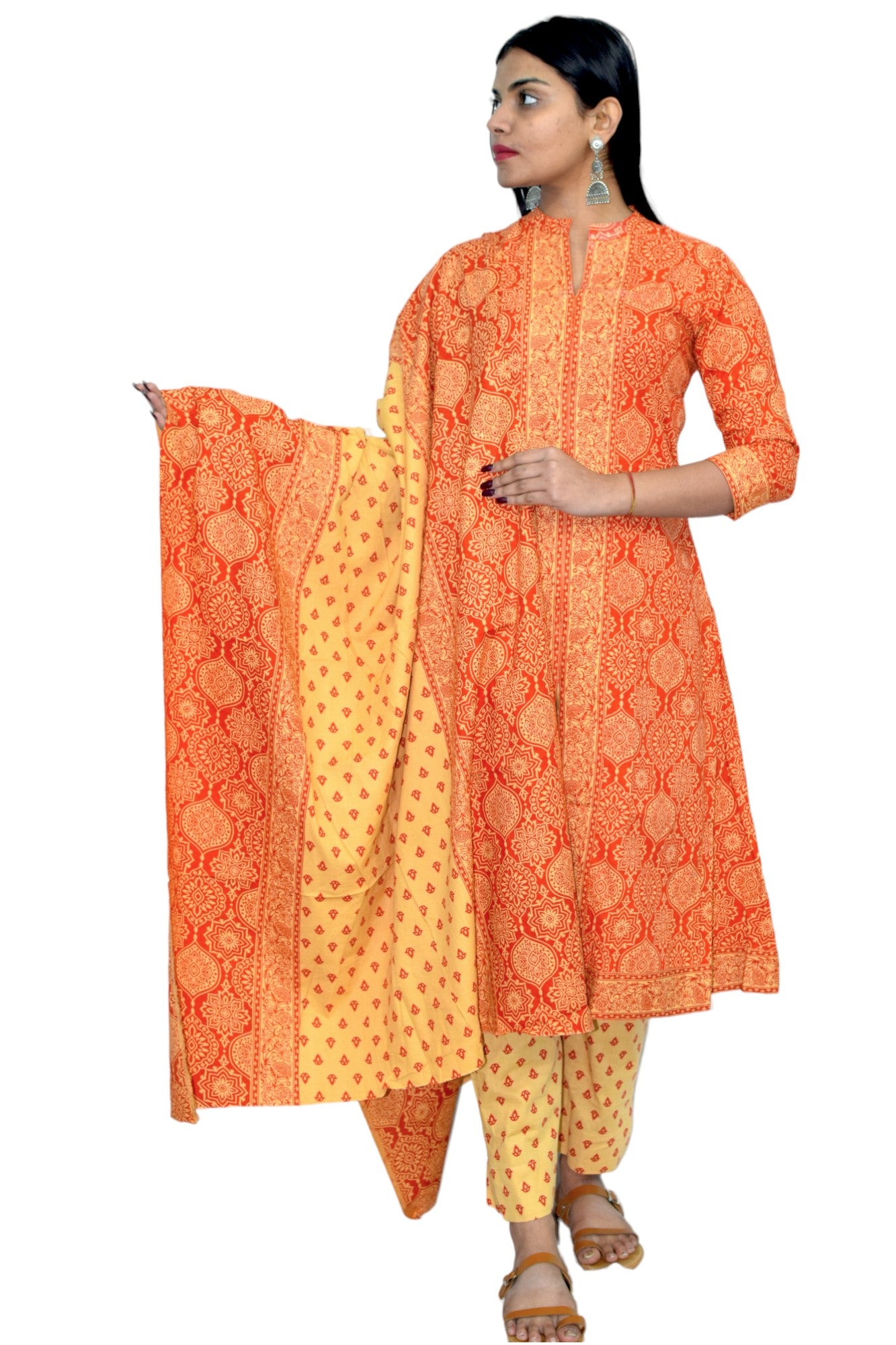 Orange Sanganeri Print cotton A-line suit