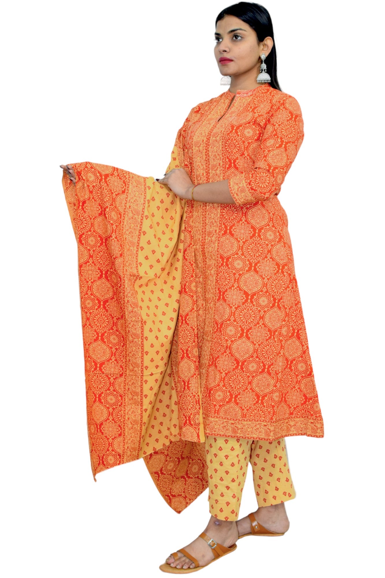 Orange Sanganeri Print cotton A-line suit