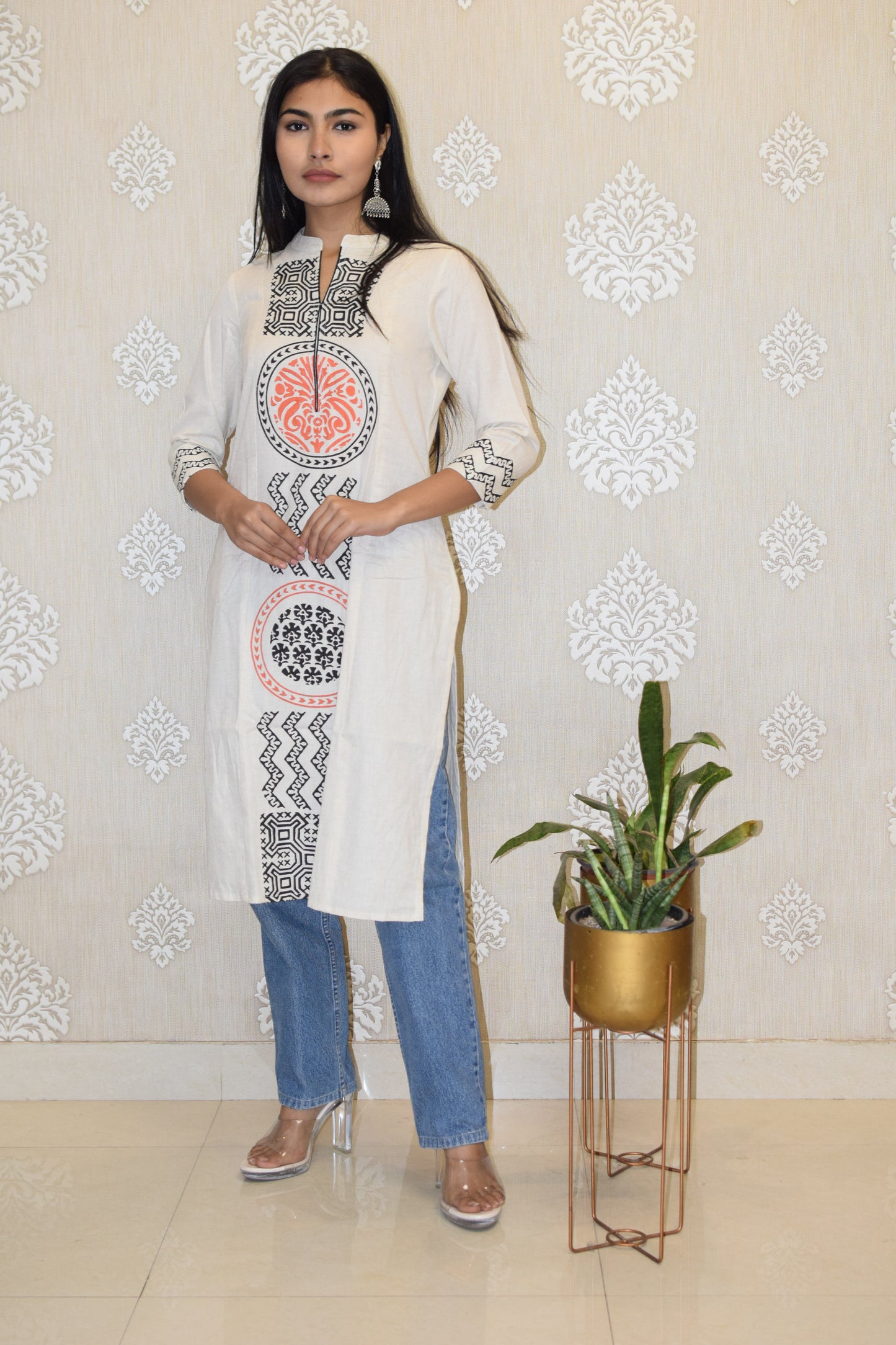 Orange Pure Cotton Flex Block Print Kurta