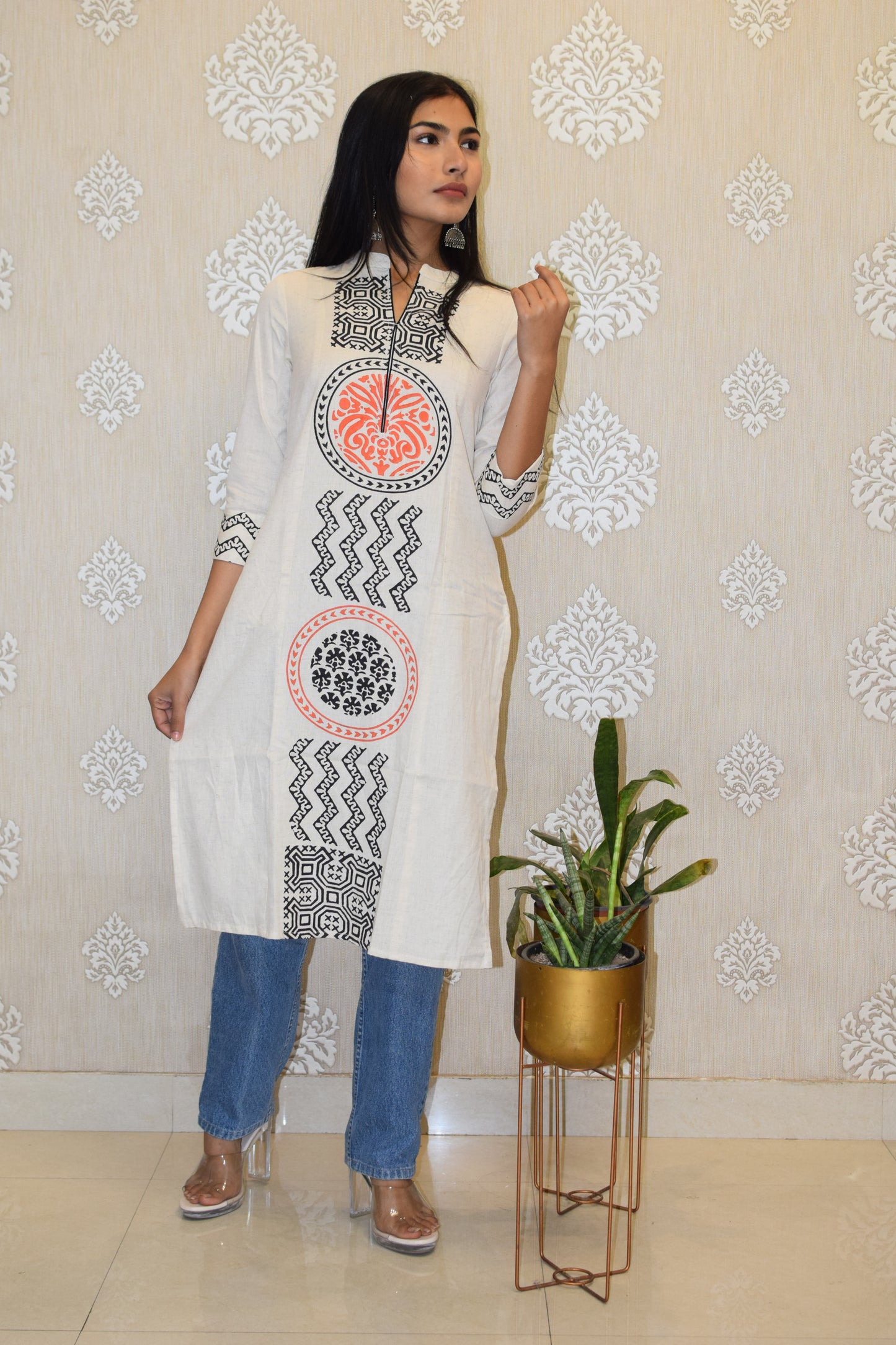 Orange Pure Cotton Flex Block Print Kurta