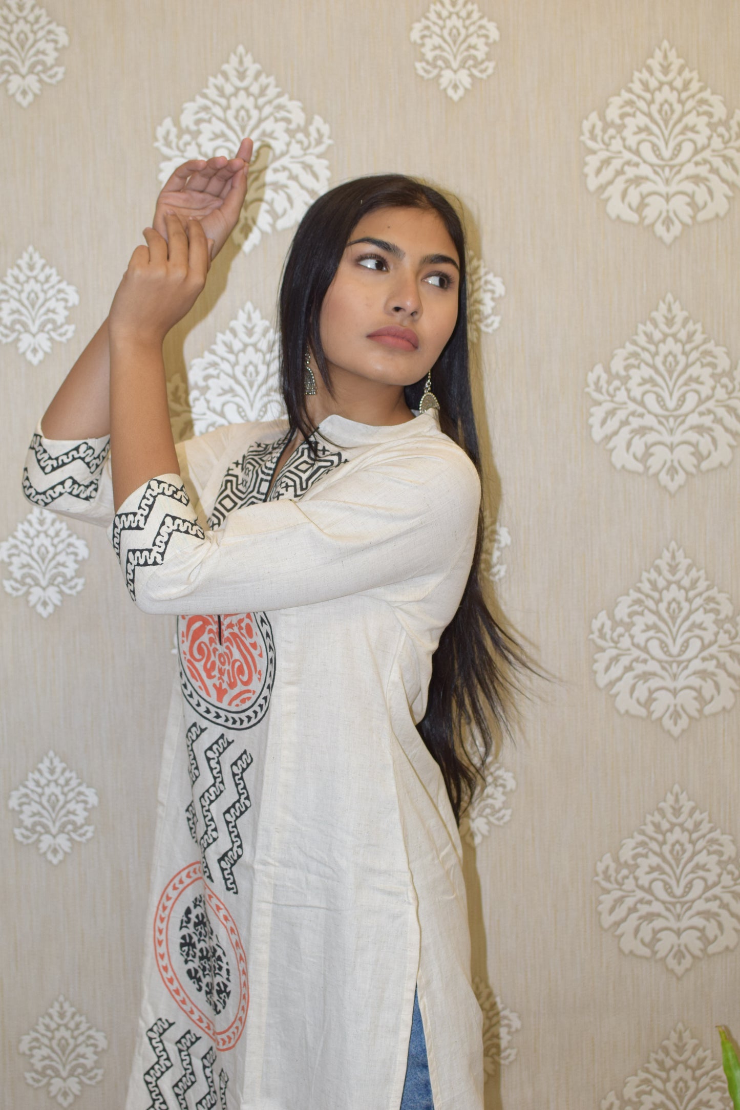 Orange Pure Cotton Flex Block Print Kurta