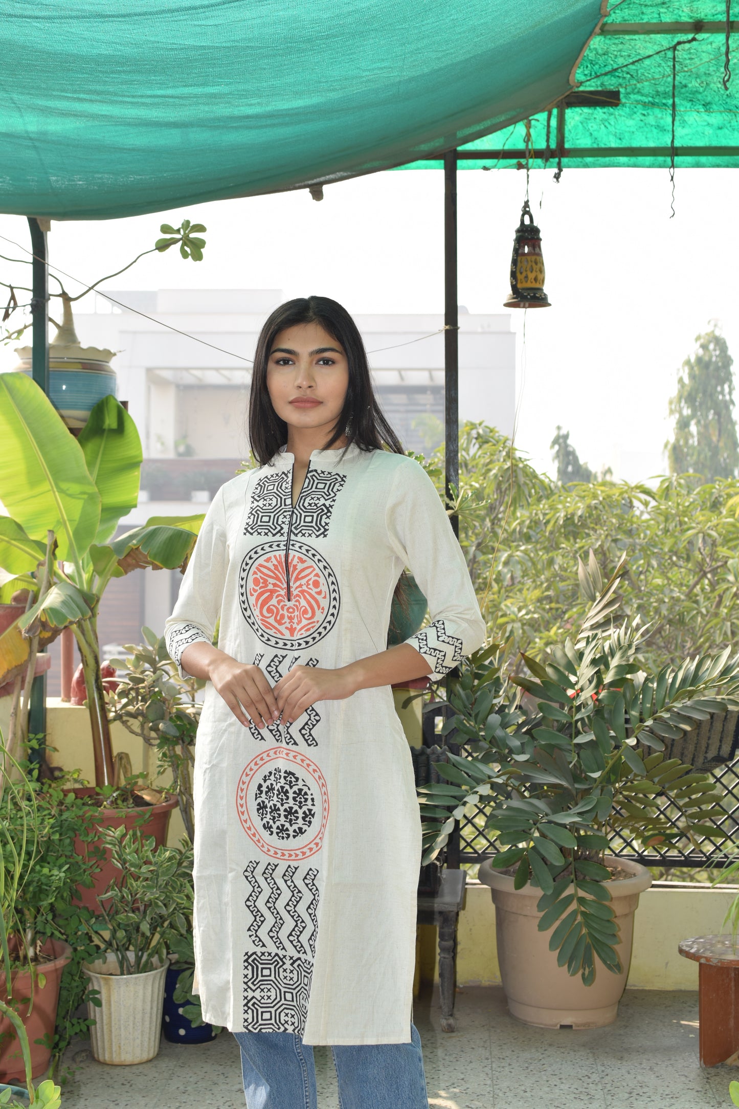 Orange Pure Cotton Flex Block Print Kurta