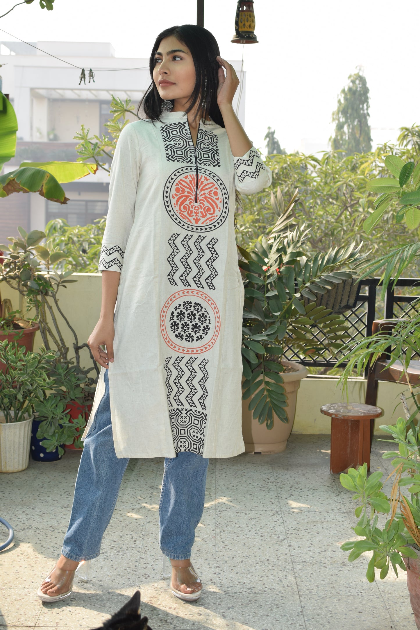 Orange Pure Cotton Flex Block Print Kurta