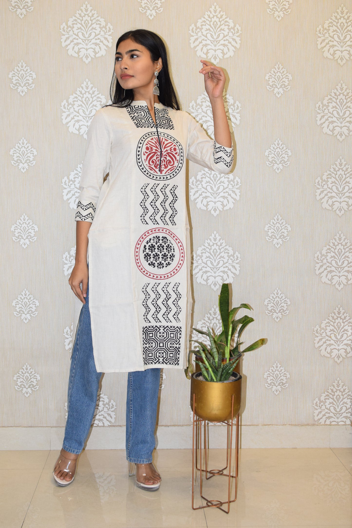 Red Pure Cotton Flex Block Print Kurta