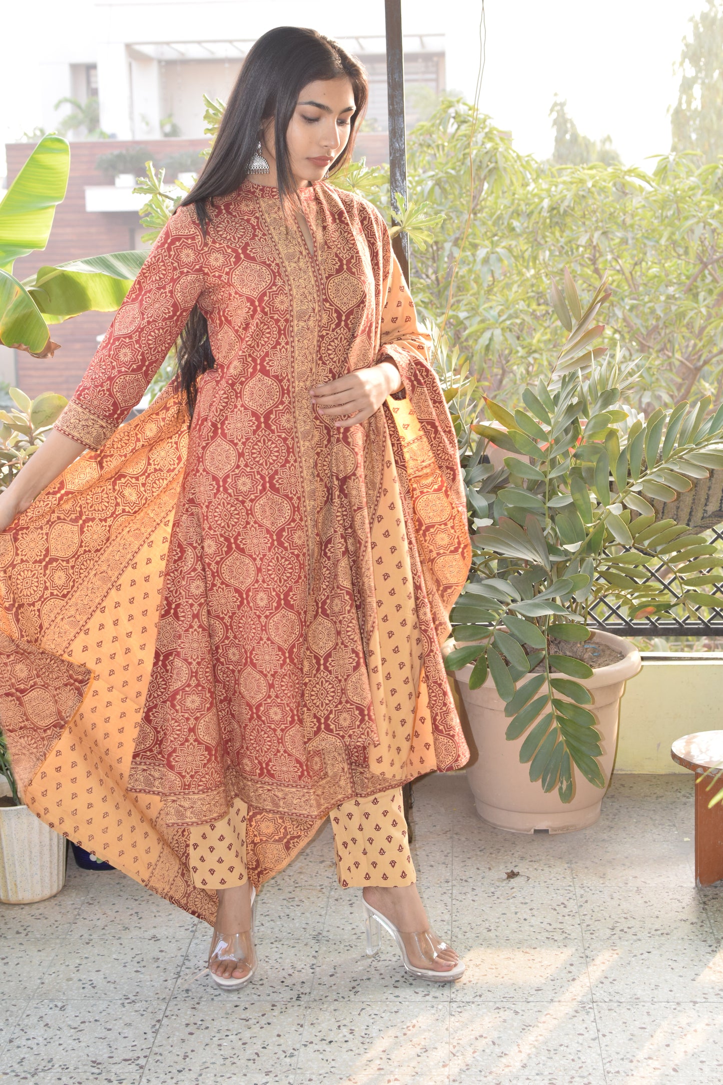 Maroon Sanganeri Print cotton A-line suit