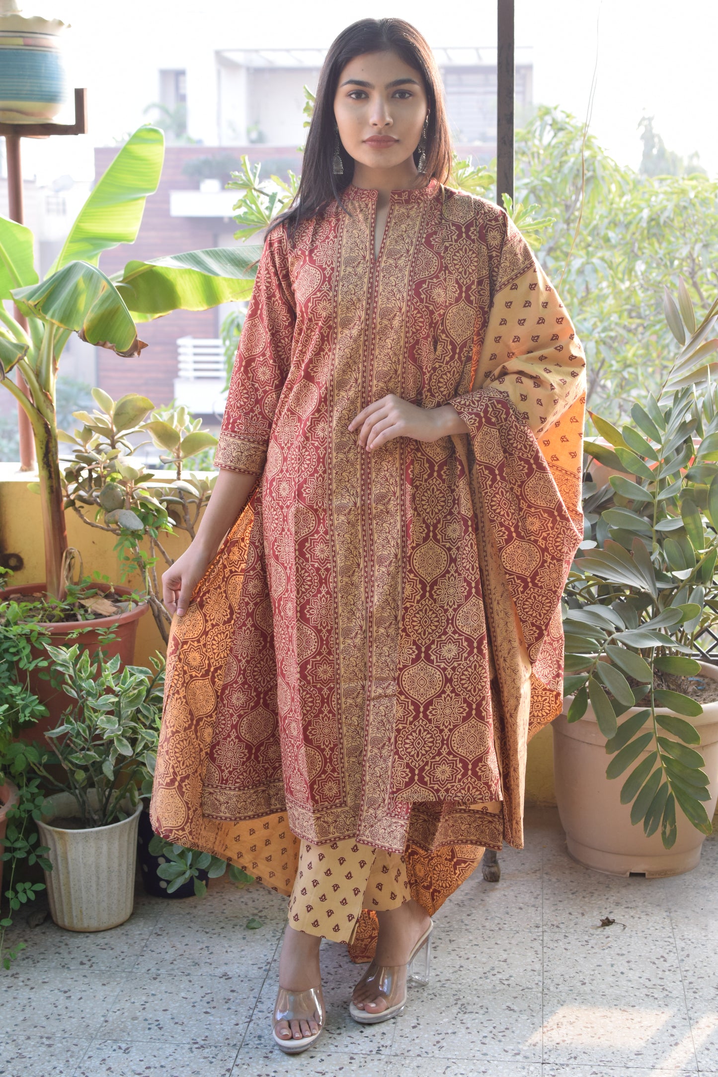 Maroon Sanganeri Print cotton A-line suit