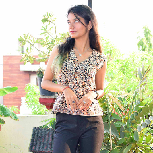 Beige V-Neck cotton short top