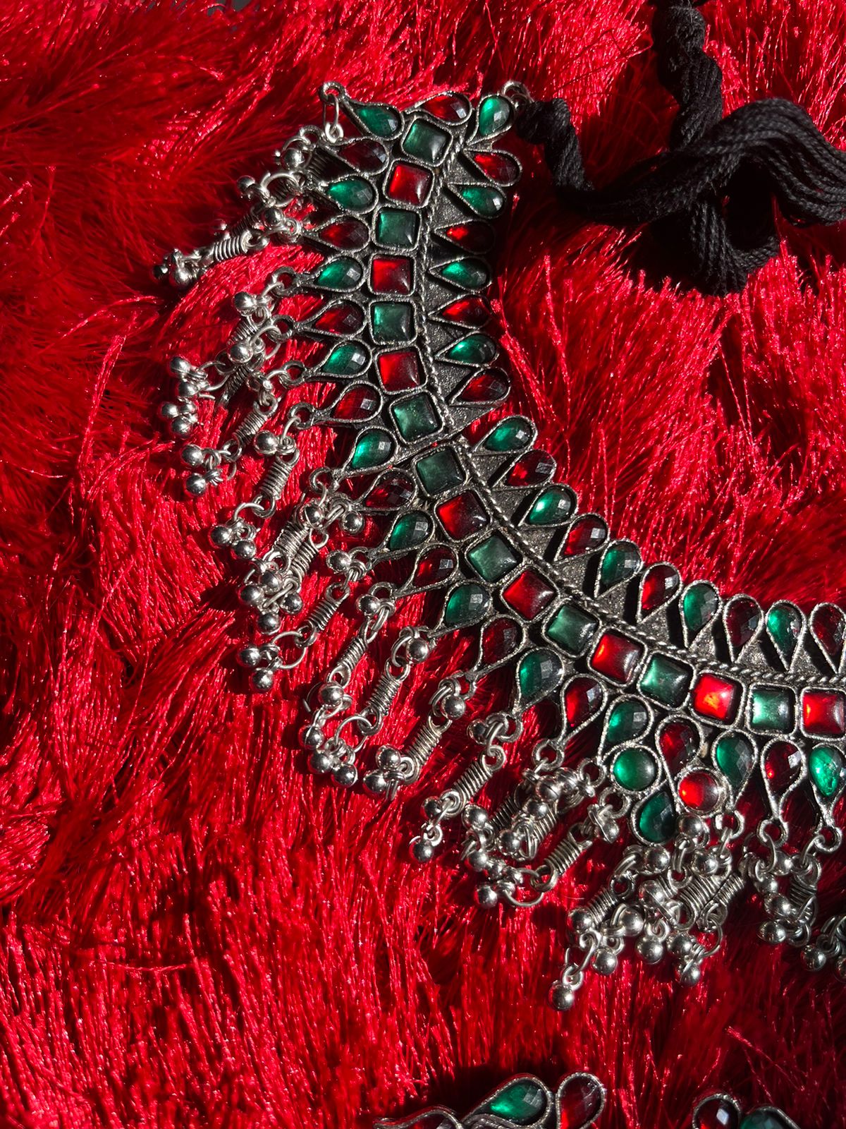 Oxidised stone work multi colour chocker with earings