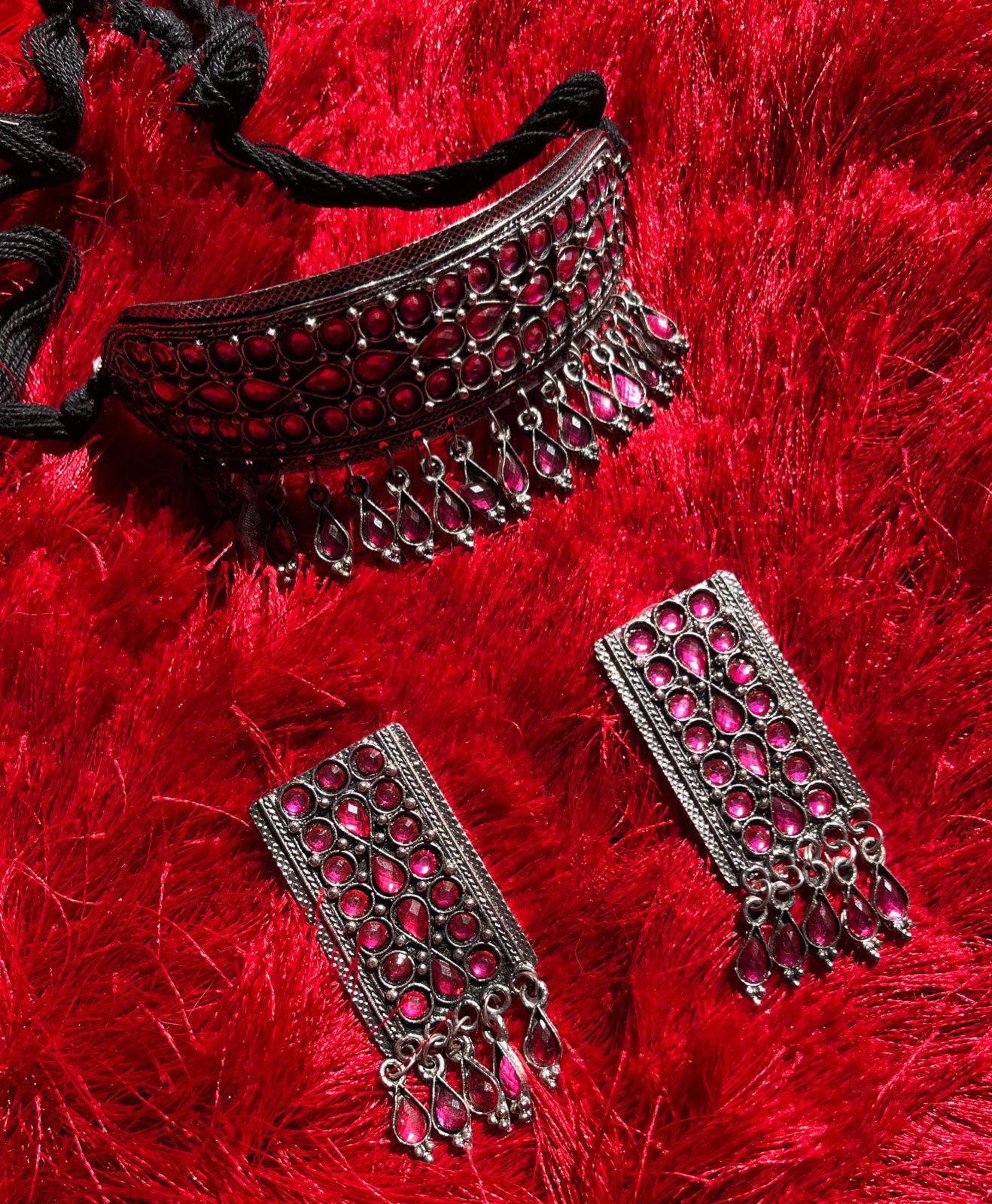 Silver plated pink stone Oxidised chocker with earrings