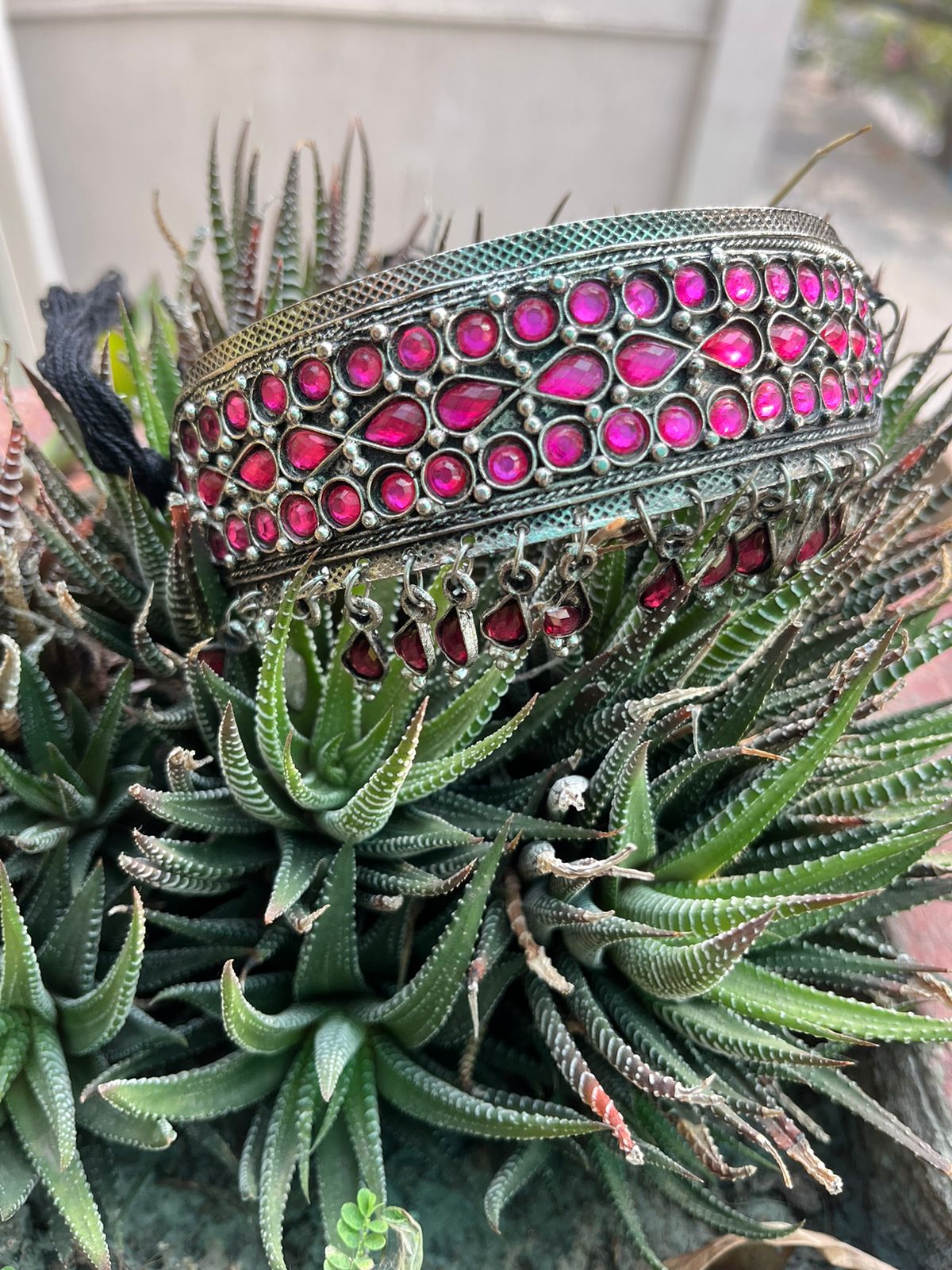 Silver plated pink stone Oxidised chocker with earrings
