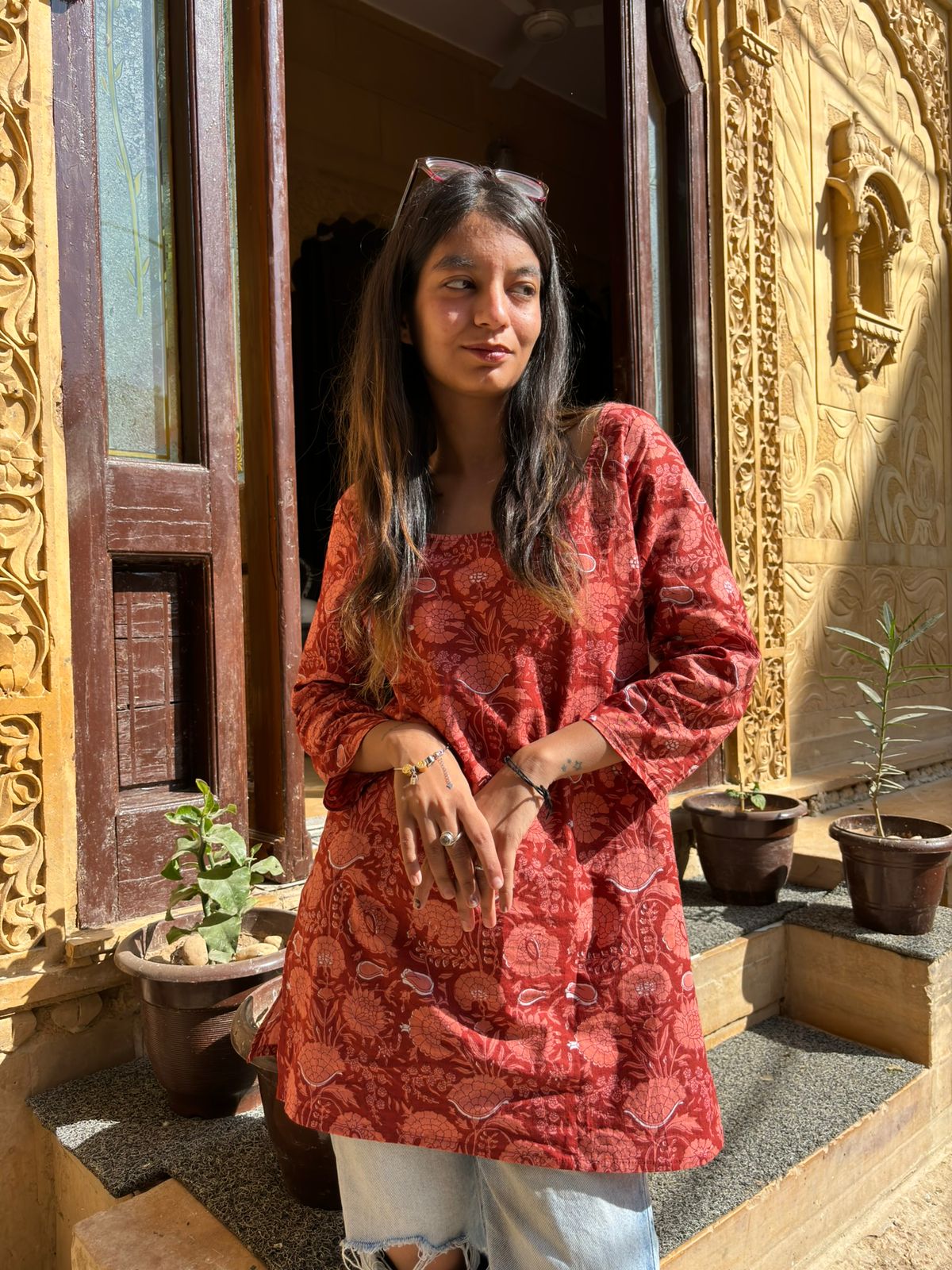 Maroon Cotton Sleeves Broad Neck Kurti