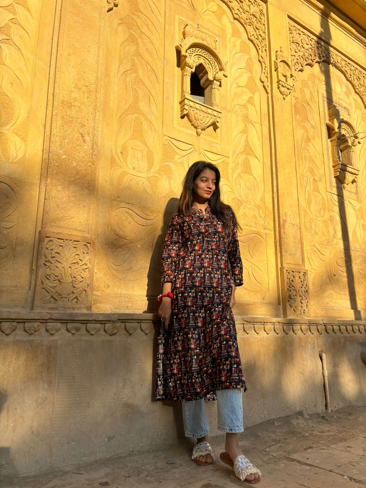 Black abstract collared round neck Printed Cotton Kurta