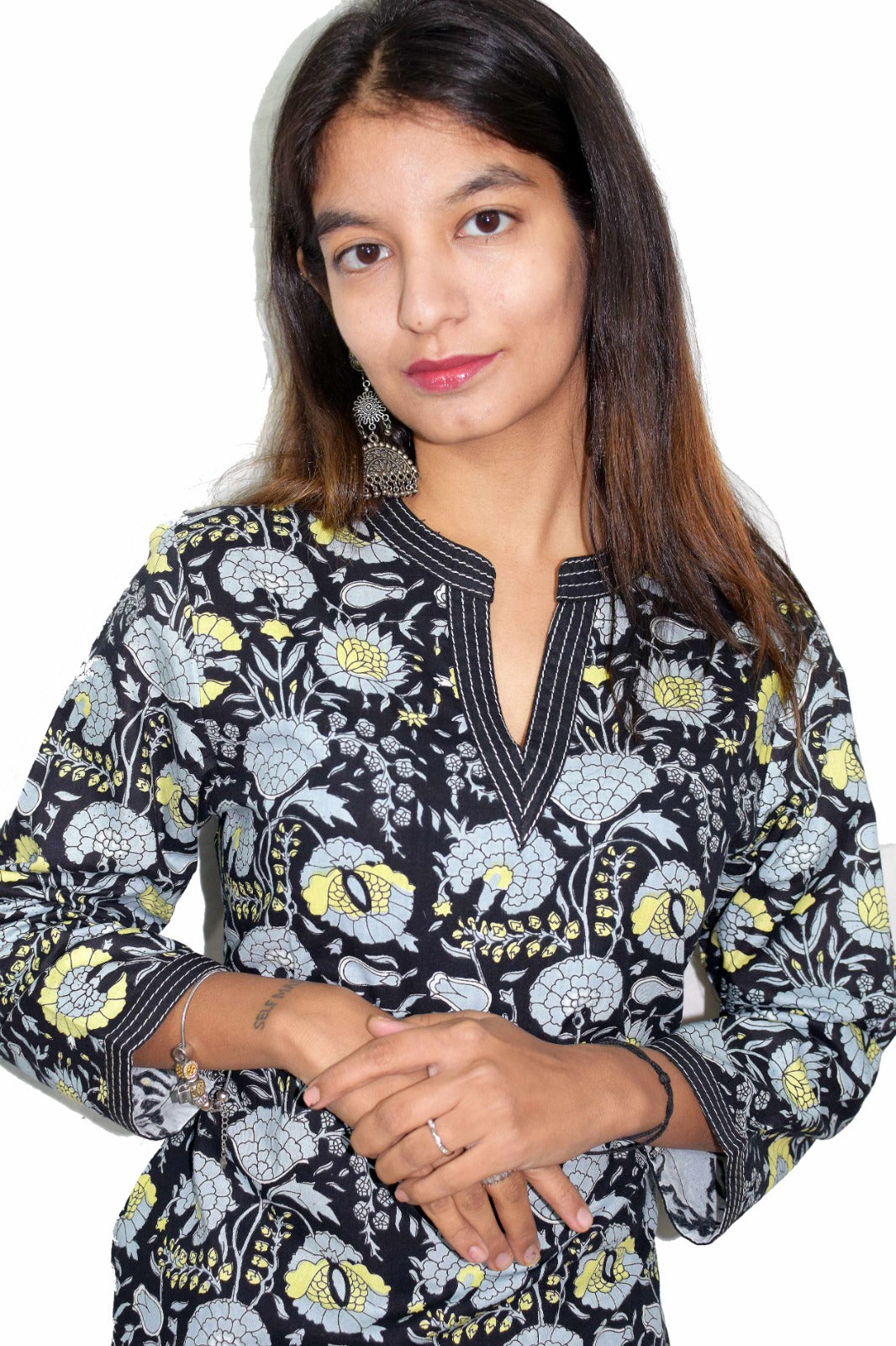 Black V-Neck Printed Cotton Kurta