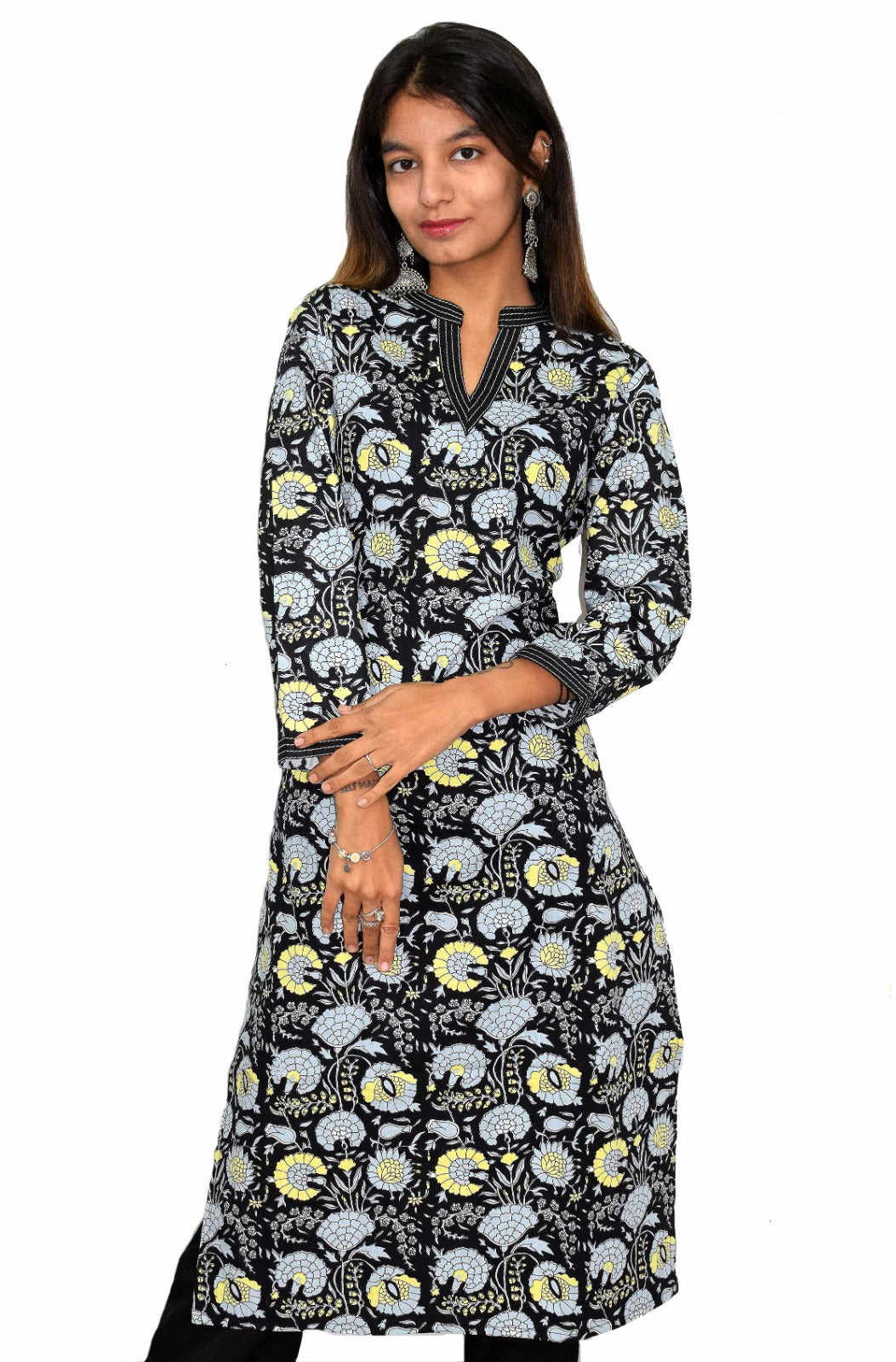 Black V-Neck Printed Cotton Kurta