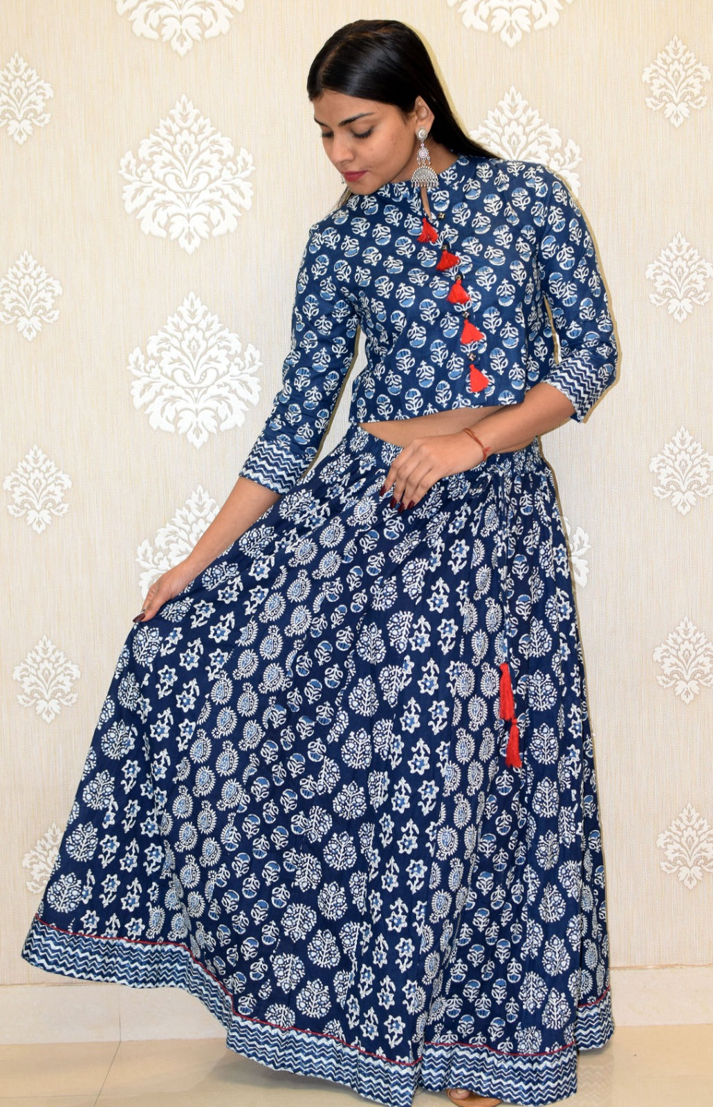 Small Booti Indigo Rayon Blouse with Skirt