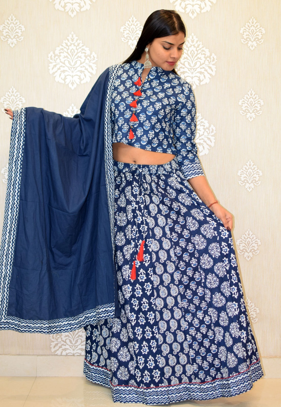 Small Booti Indigo Rayon Blouse with Skirt